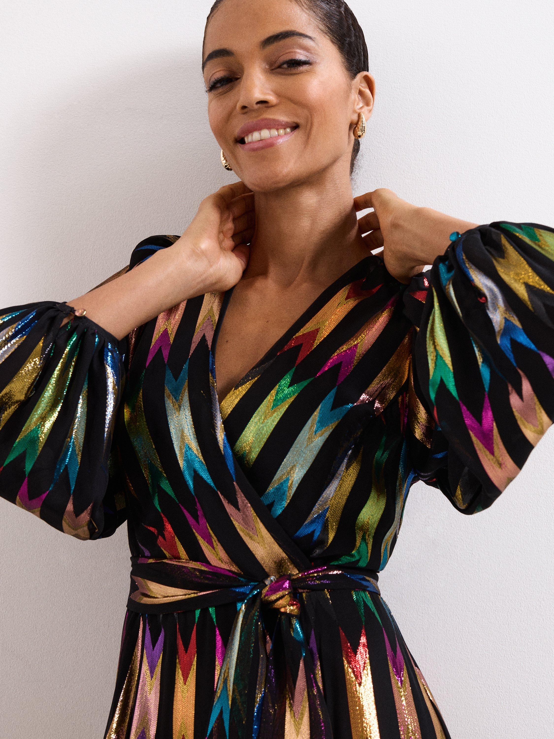 Product image 4 of 10, which shows Phase Eight Ellia Shimmer Maxi Wrap Dress, Black/Multi, 6