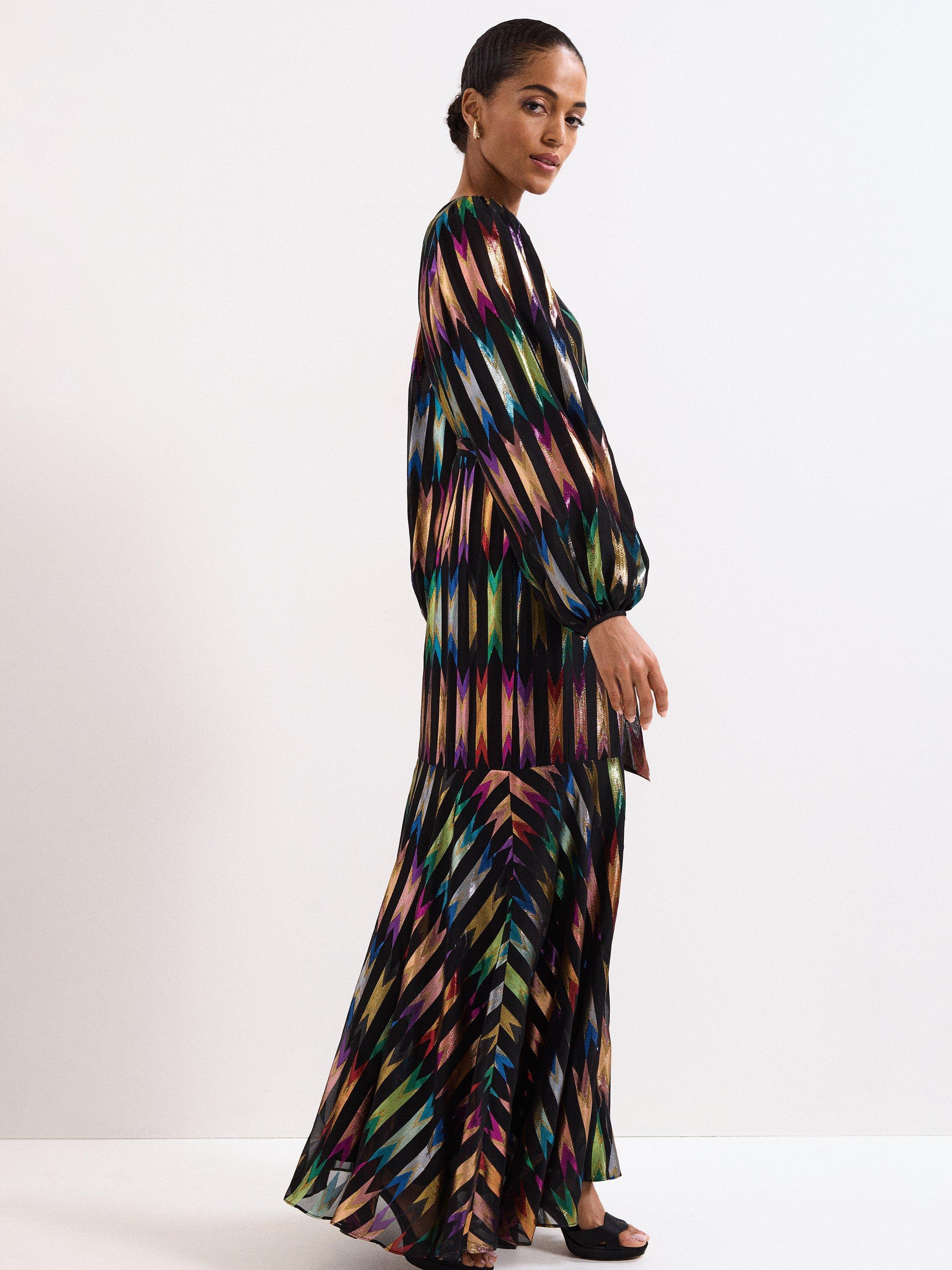 Product image 9 of 10, which shows Phase Eight Ellia Shimmer Maxi Wrap Dress, Black/Multi, 6