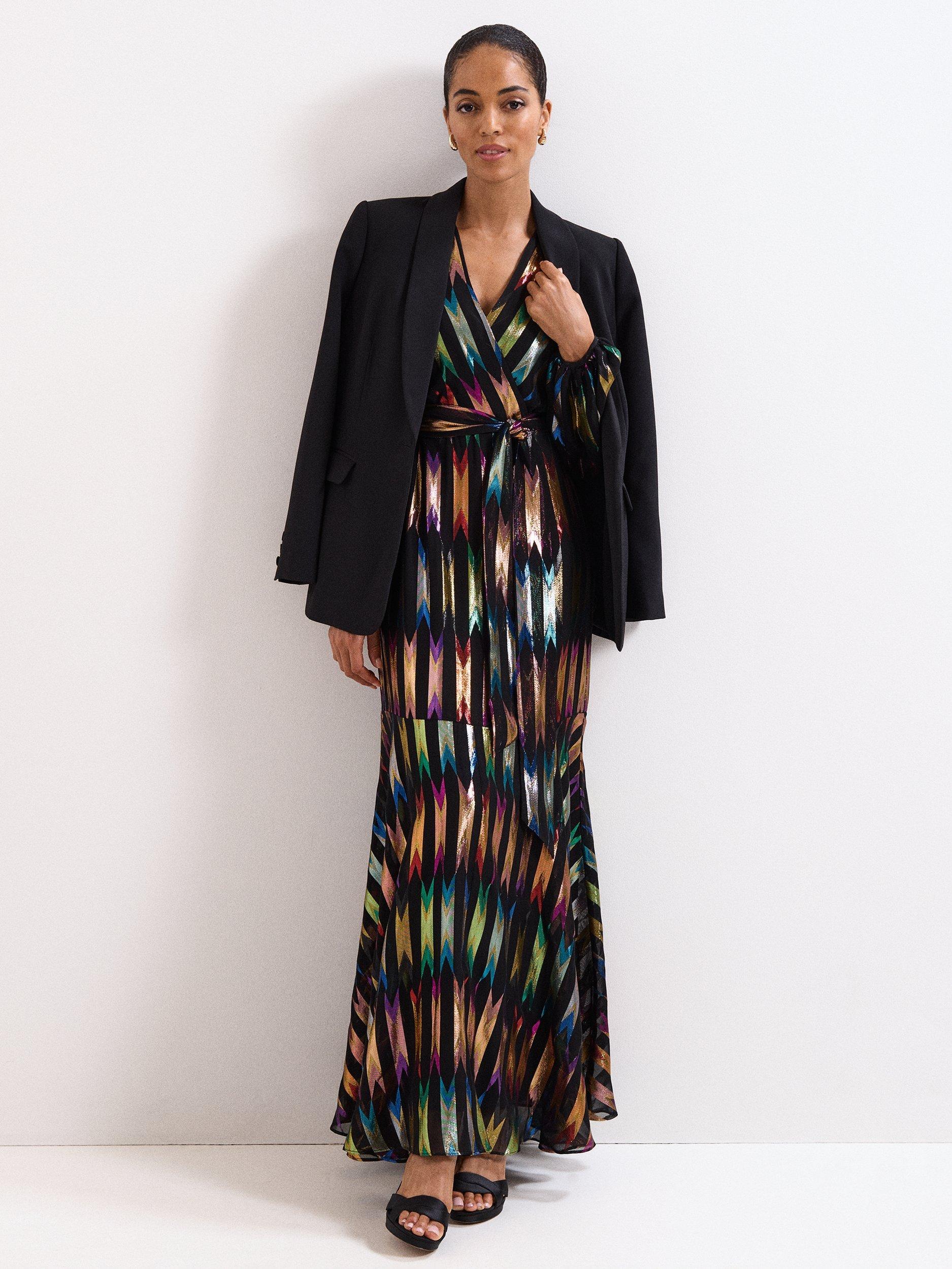 Product image 10 of 10, which shows Phase Eight Ellia Shimmer Maxi Wrap Dress, Black/Multi, 6