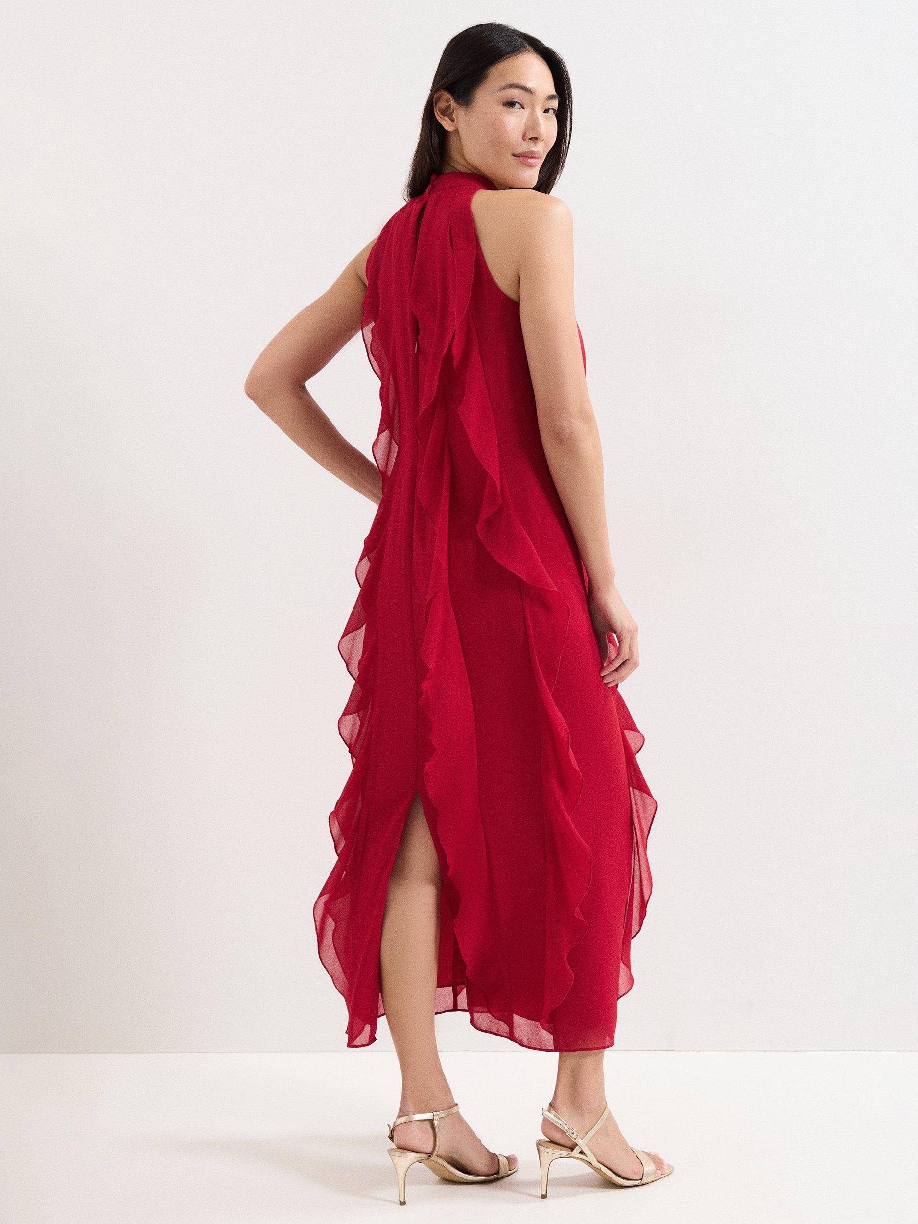 Product image 2 of 7, which shows Phase Eight Helena Ruffle Midi Dress, Red, 20