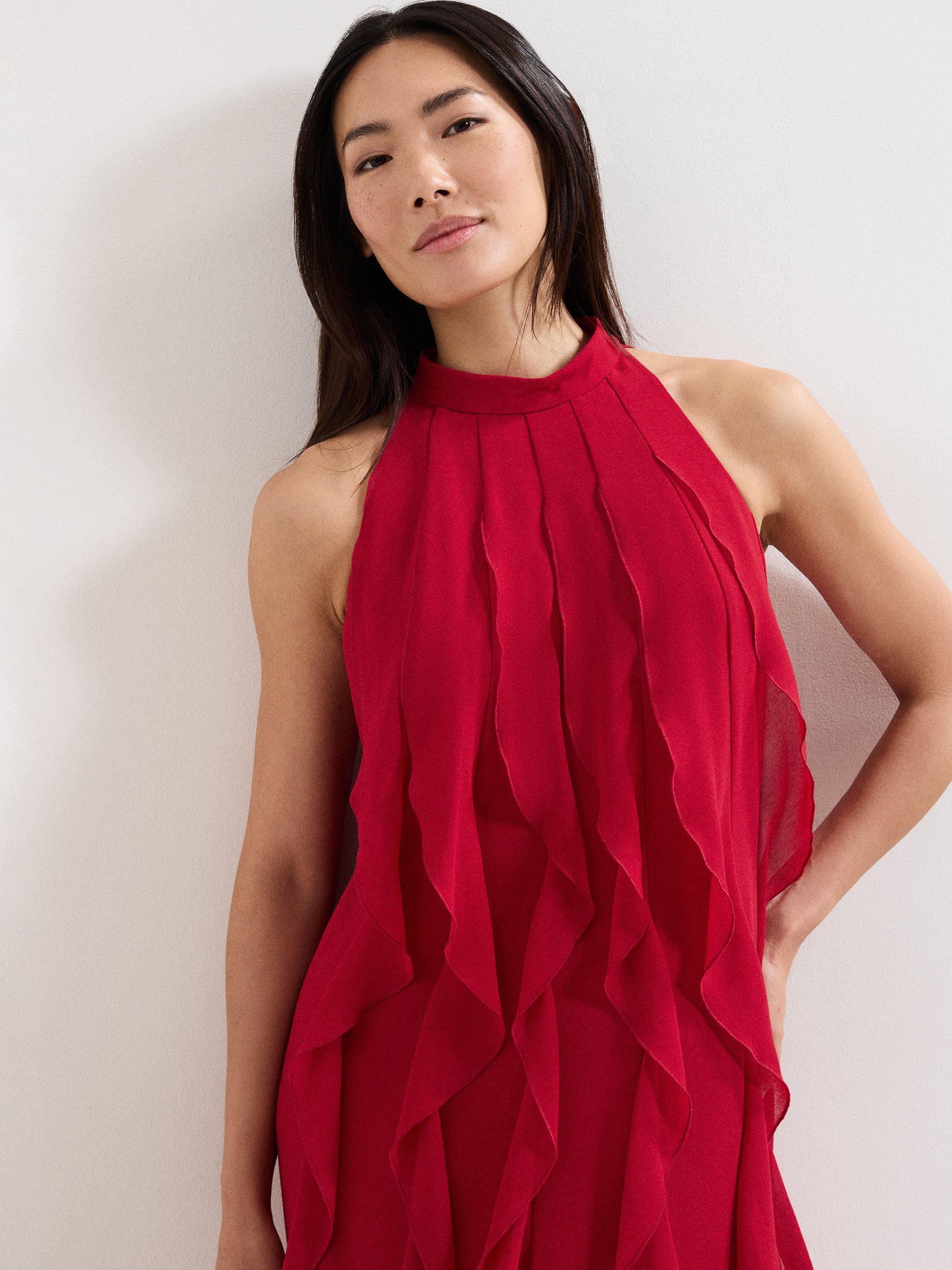 Product image 3 of 7, which shows Phase Eight Helena Ruffle Midi Dress, Red, 20