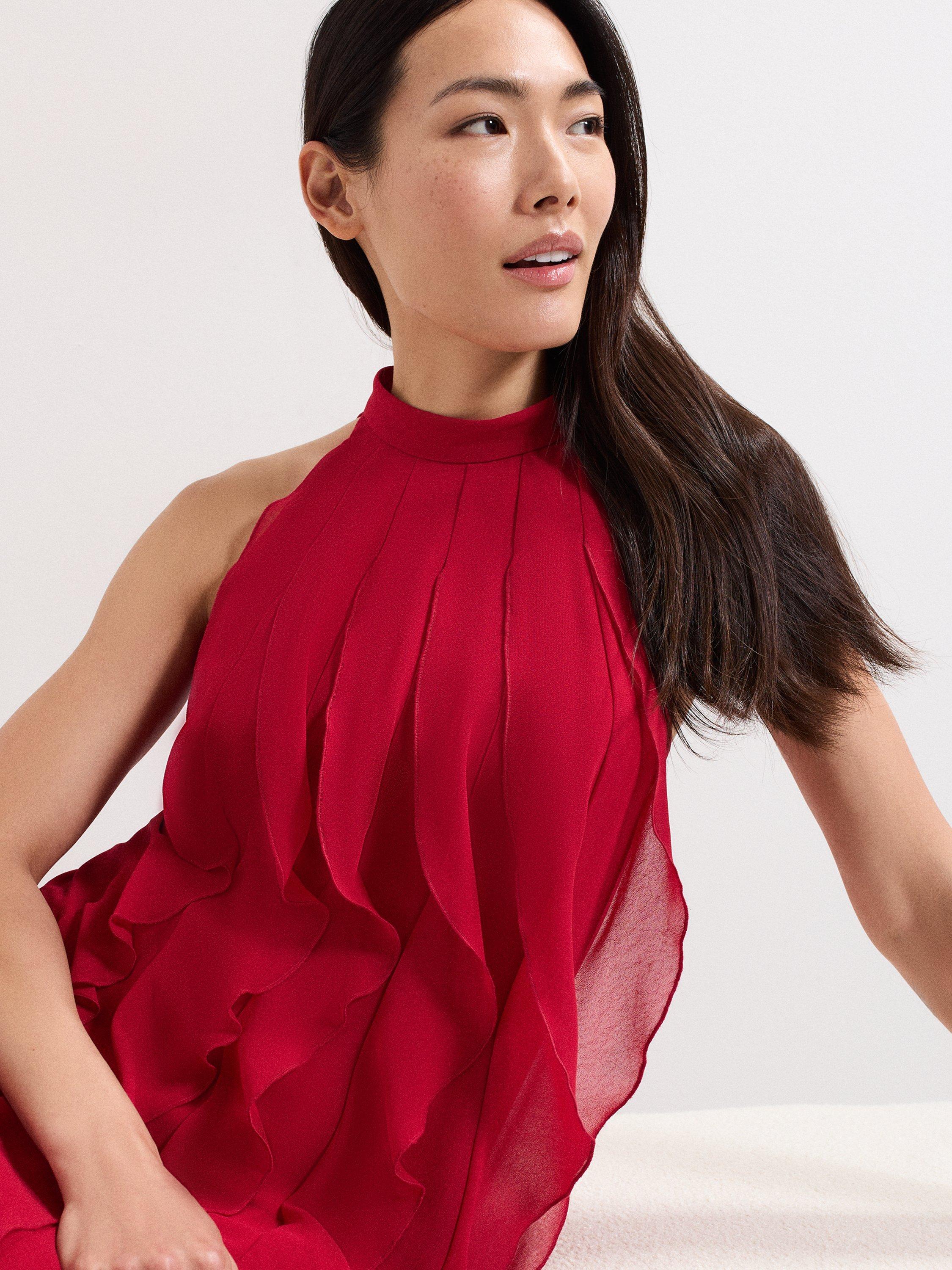 Product image 4 of 7, which shows Phase Eight Helena Ruffle Midi Dress, Red, 20