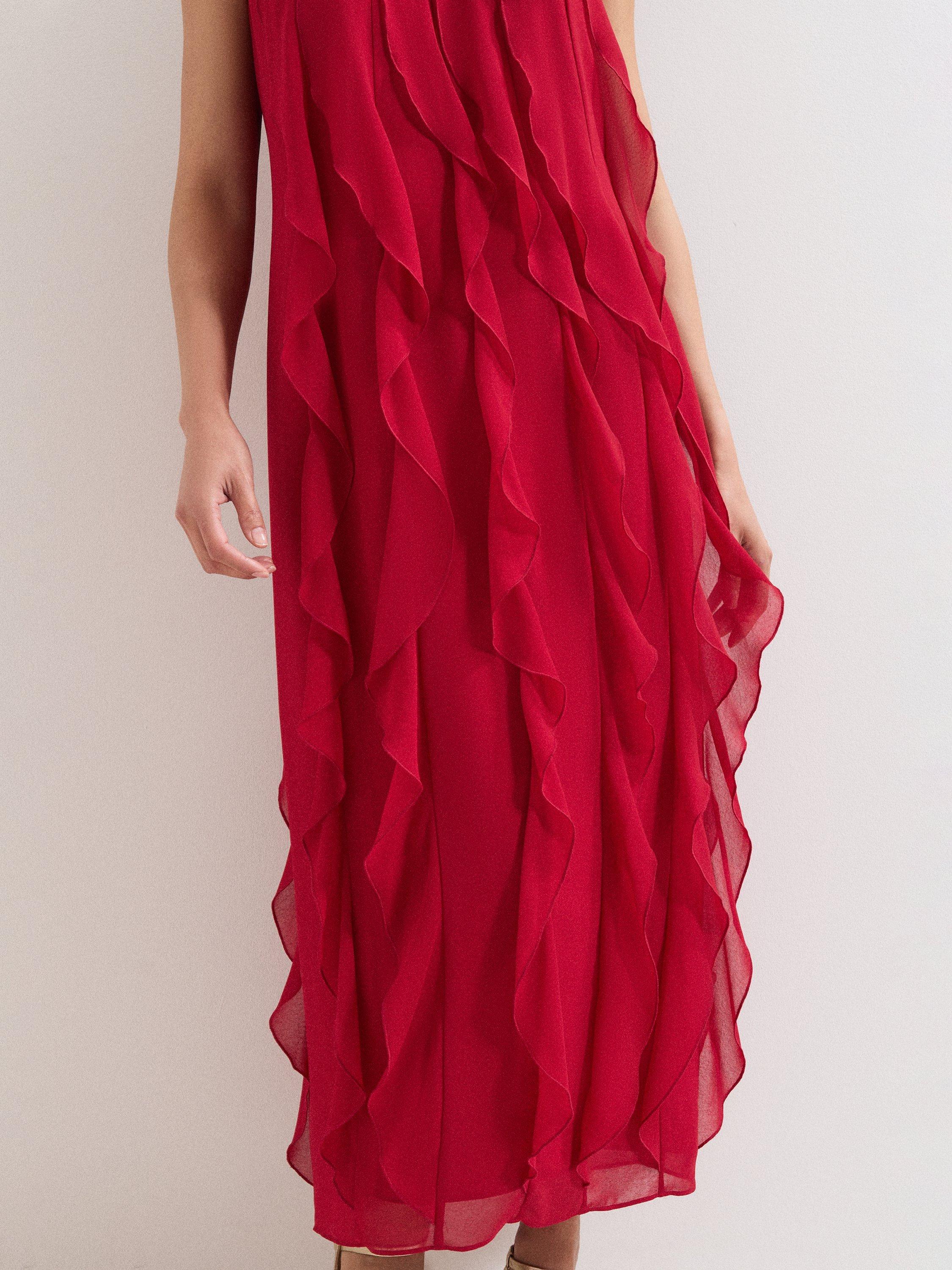 Product image 7 of 7, which shows Phase Eight Helena Ruffle Midi Dress, Red, 20