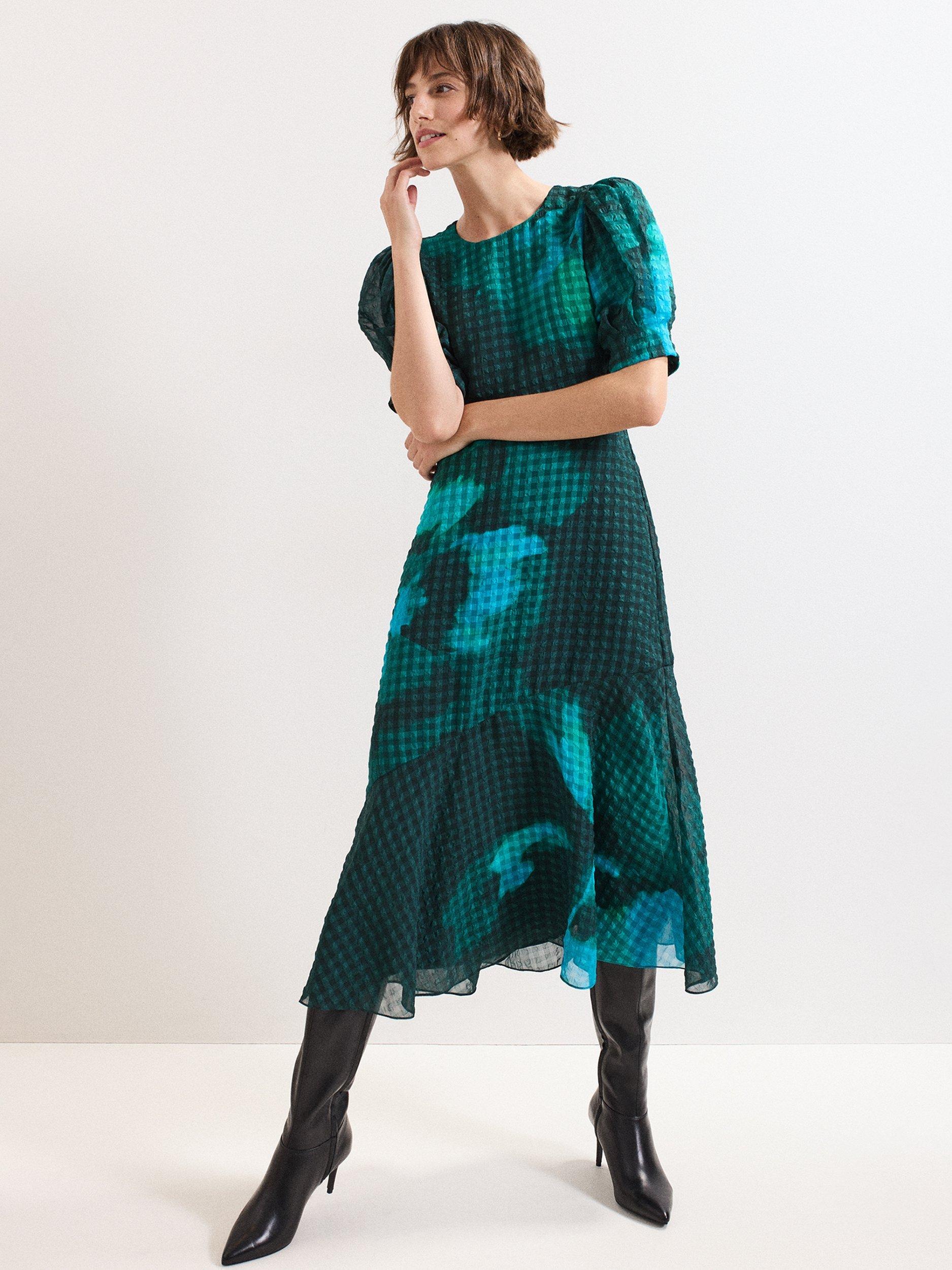 Product image 1 of 8, which shows Phase Eight Nancy Floral Midi Dress, Green, 6
