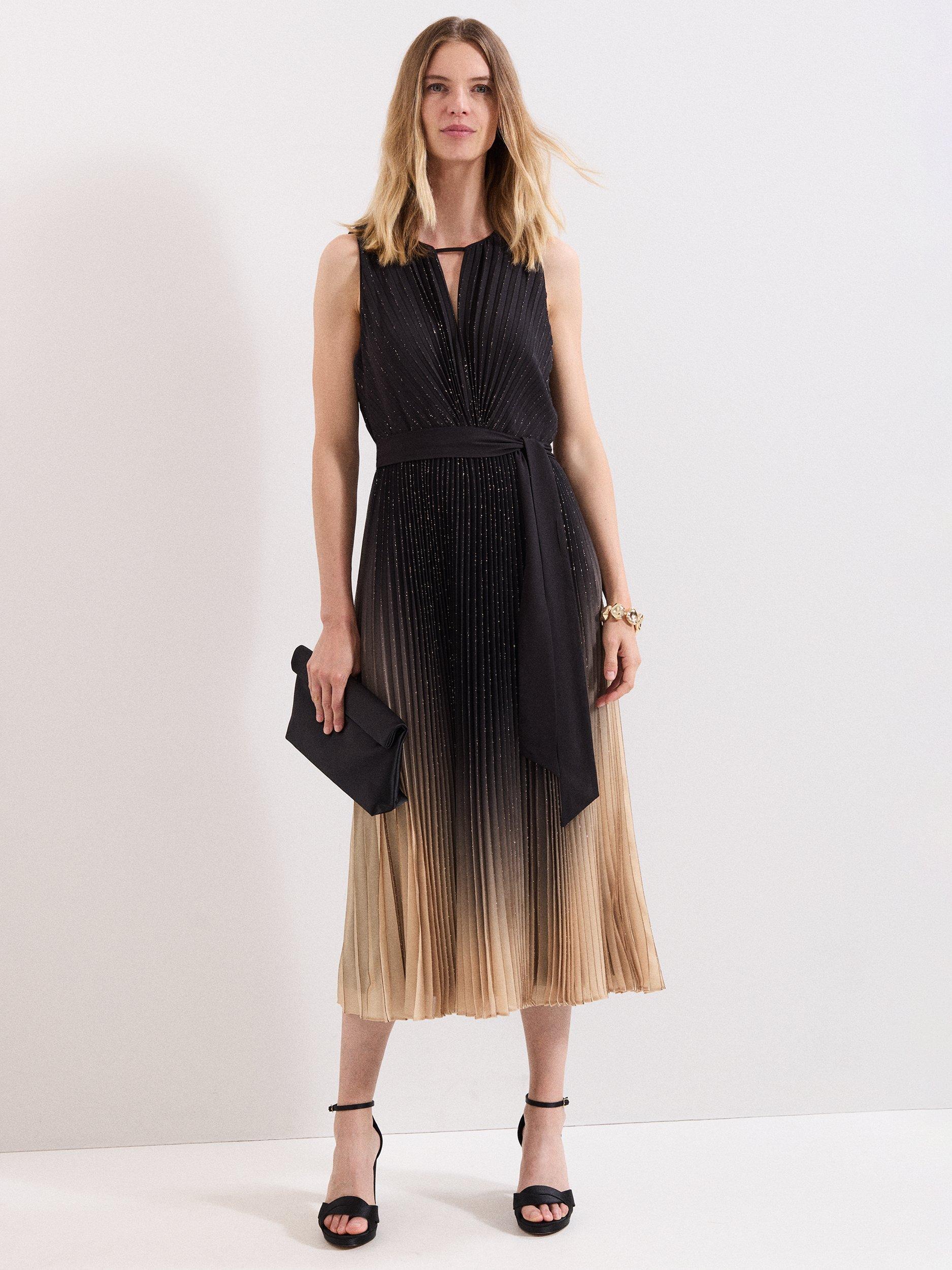 Product image 1 of 8, which shows Phase Eight Petite Samara Pleated Midi Dress, Black/Gold, 12