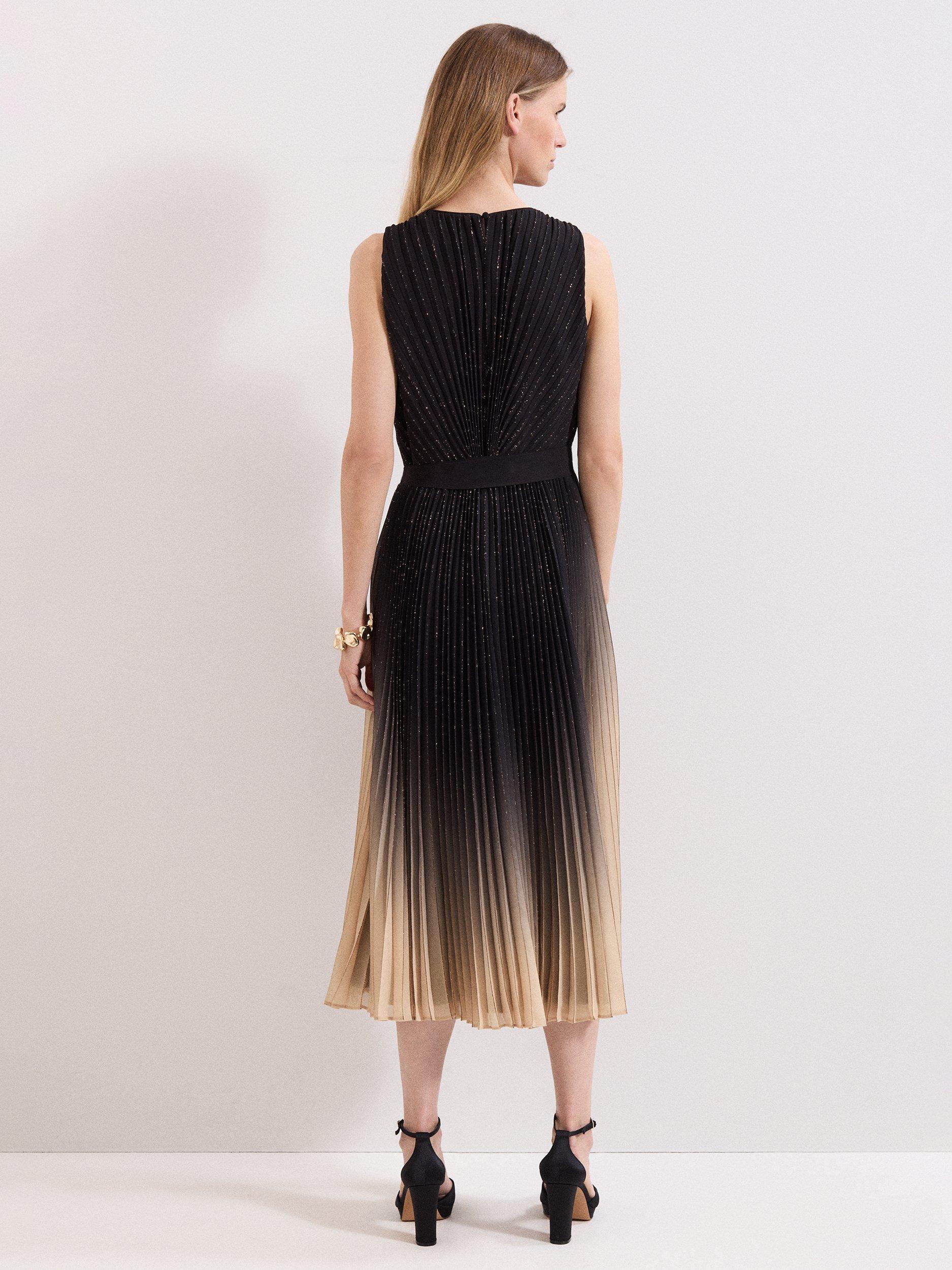 Product image 2 of 8, which shows Phase Eight Petite Samara Pleated Midi Dress, Black/Gold, 12