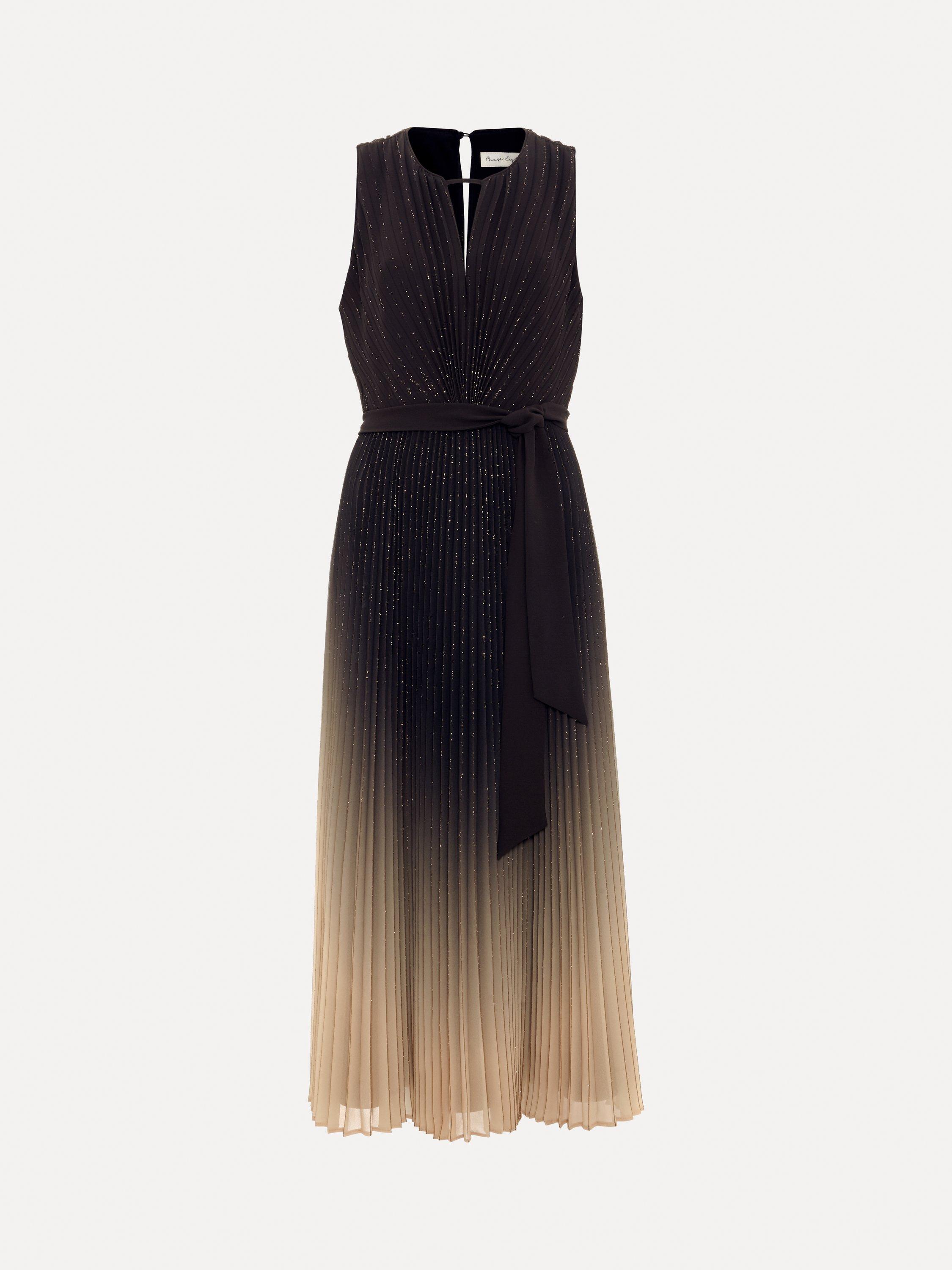 Product image 5 of 8, which shows Phase Eight Petite Samara Pleated Midi Dress, Black/Gold, 12