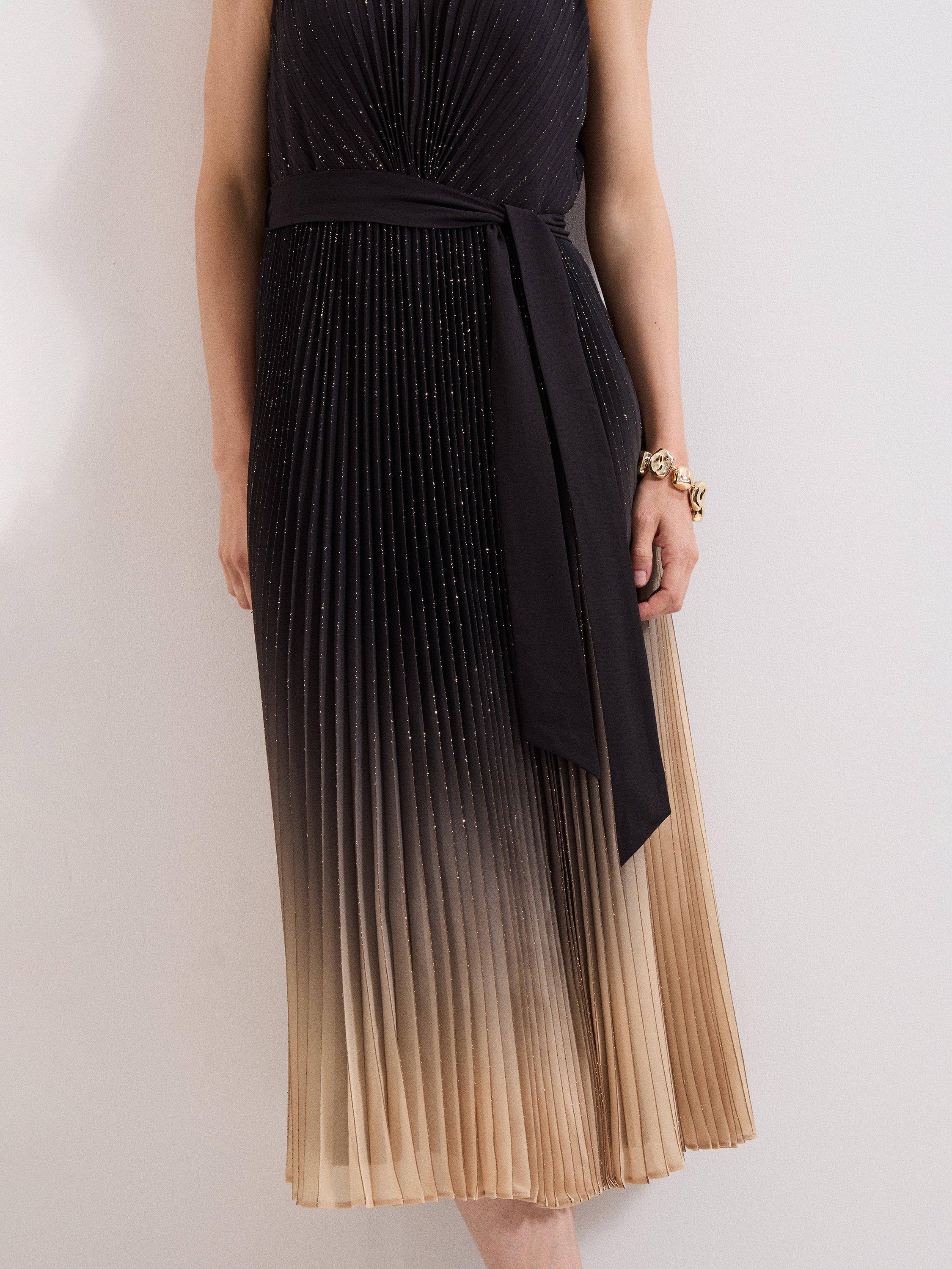 Product image 7 of 8, which shows Phase Eight Petite Samara Pleated Midi Dress, Black/Gold, 12