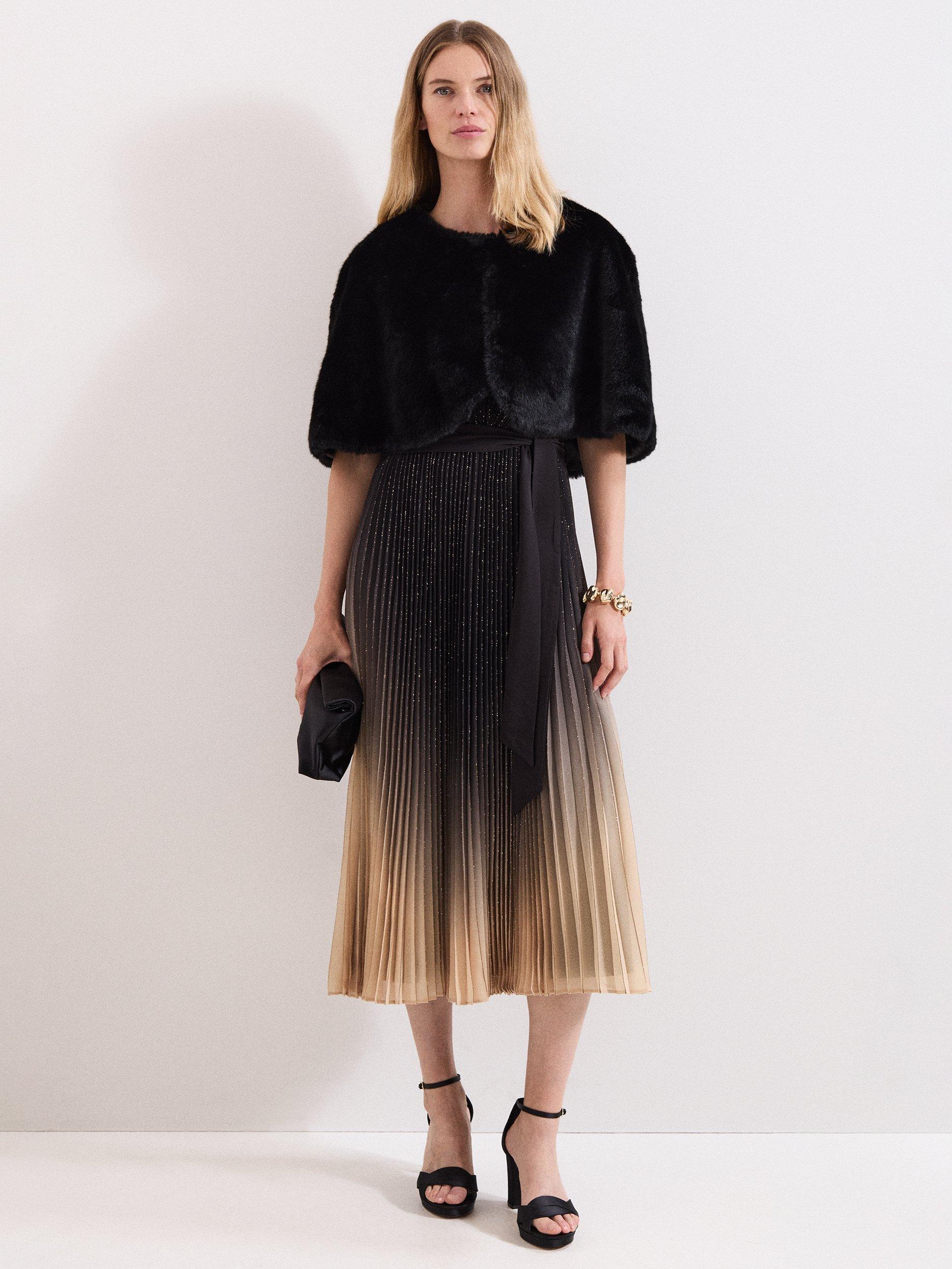 Product image 8 of 8, which shows Phase Eight Petite Samara Pleated Midi Dress, Black/Gold, 12