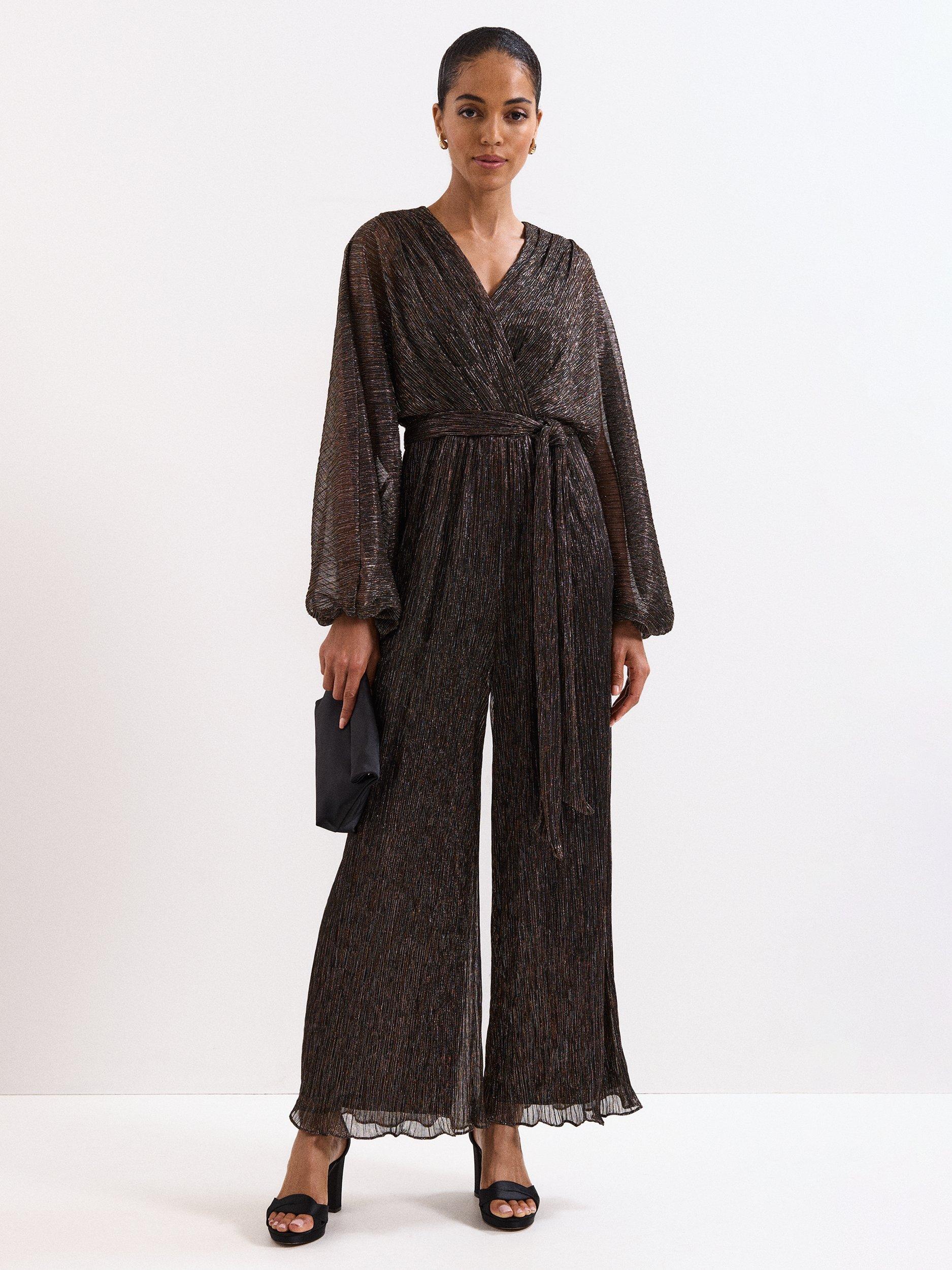 Product image 1 of 6, which shows Phase Eight Rachel Long Balloon Sleeve V Neck Jumpsuit, Gold, 8