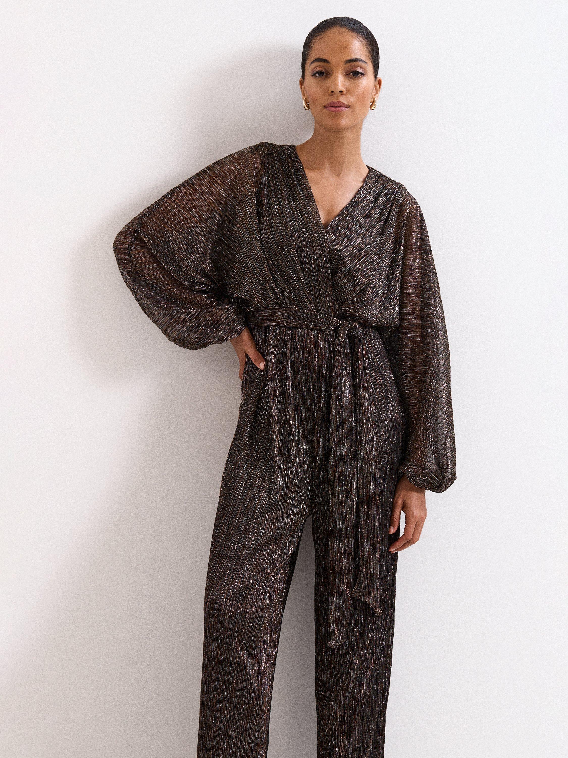 Product image 3 of 6, which shows Phase Eight Rachel Long Balloon Sleeve V Neck Jumpsuit, Gold, 8