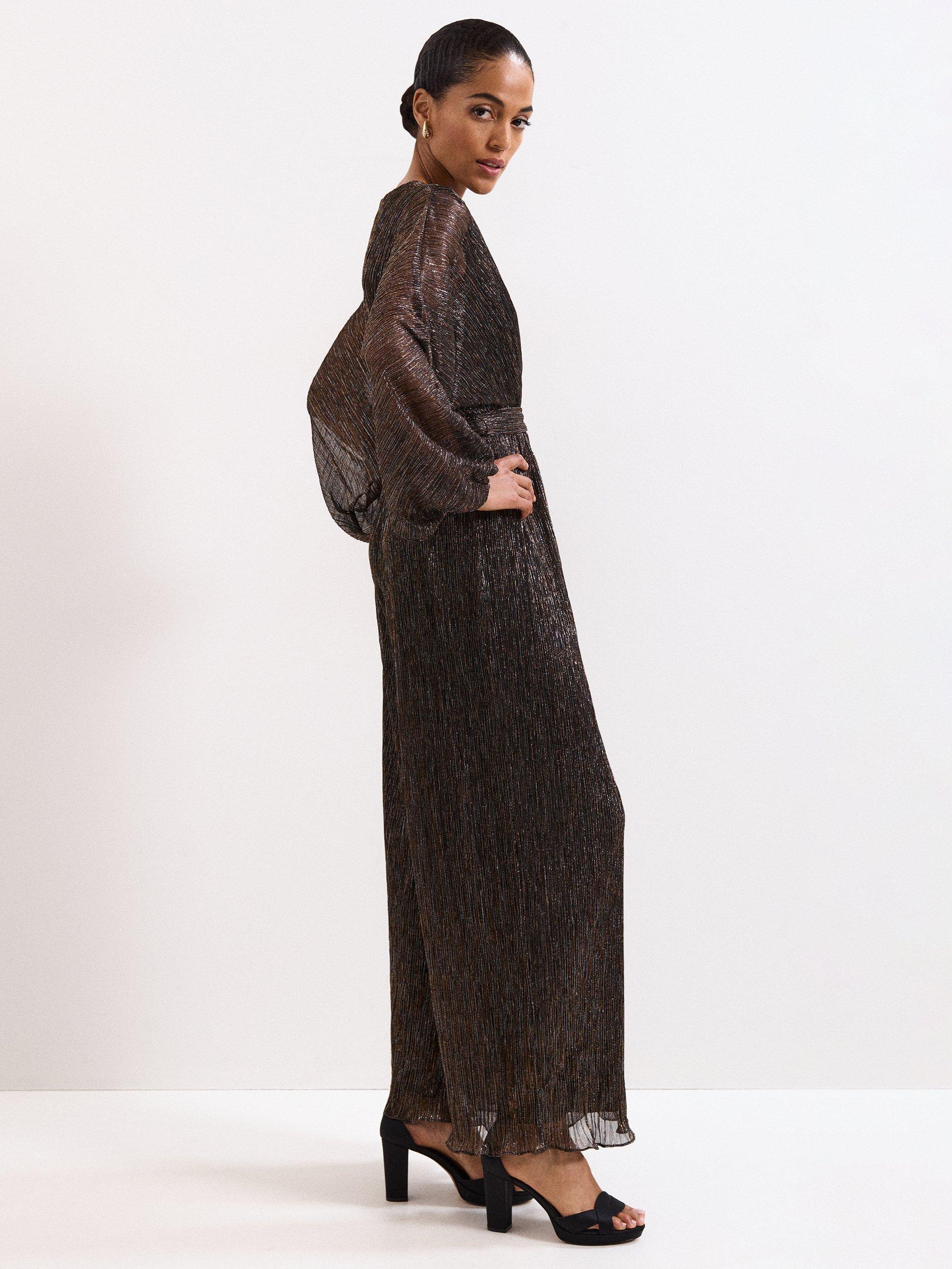 Product image 6 of 6, which shows Phase Eight Rachel Long Balloon Sleeve V Neck Jumpsuit, Gold, 8