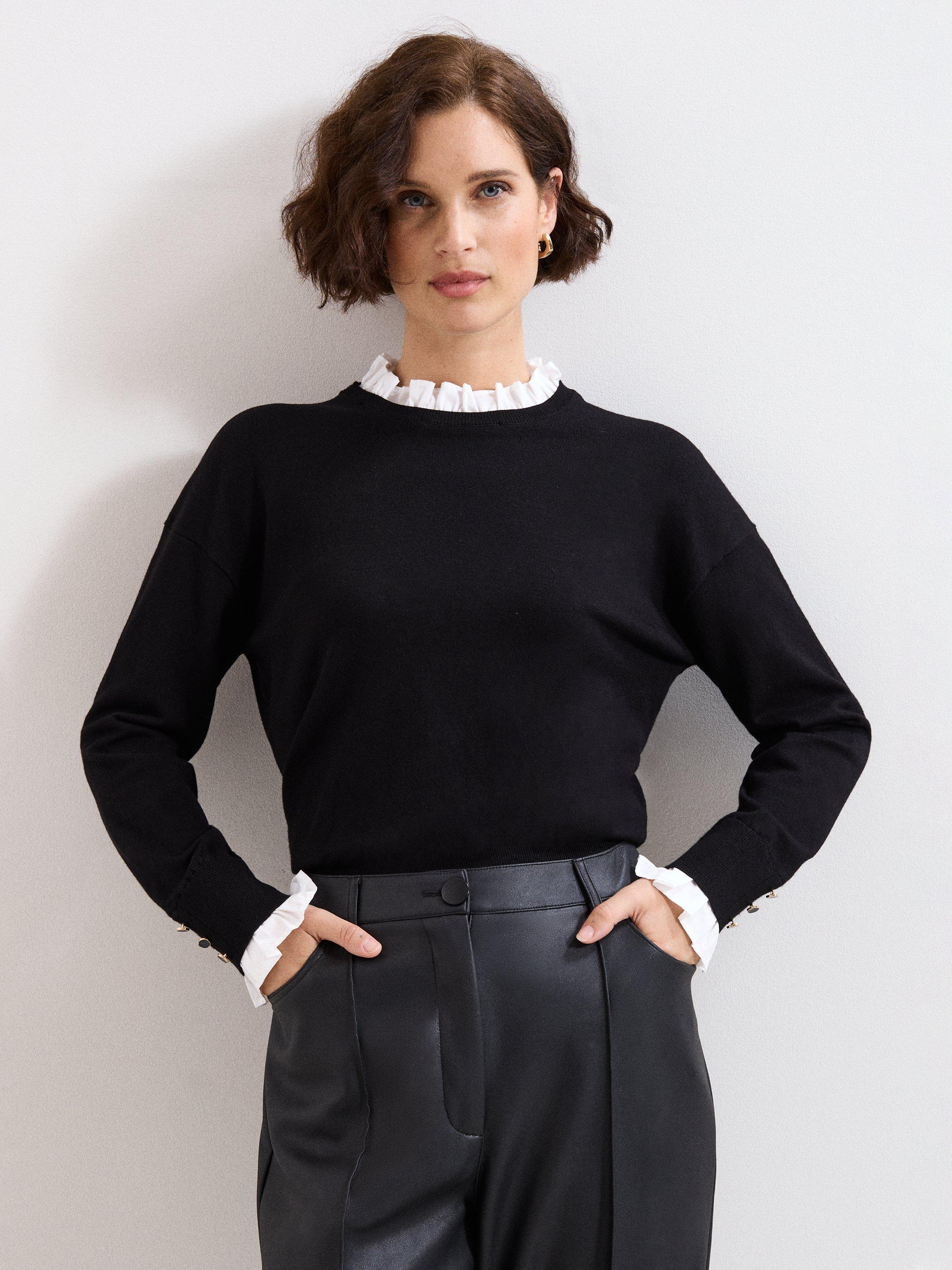 Product image 1 of 8, which shows Phase Eight Jenna Shirt Trim Top, Black/Ivory, XS
