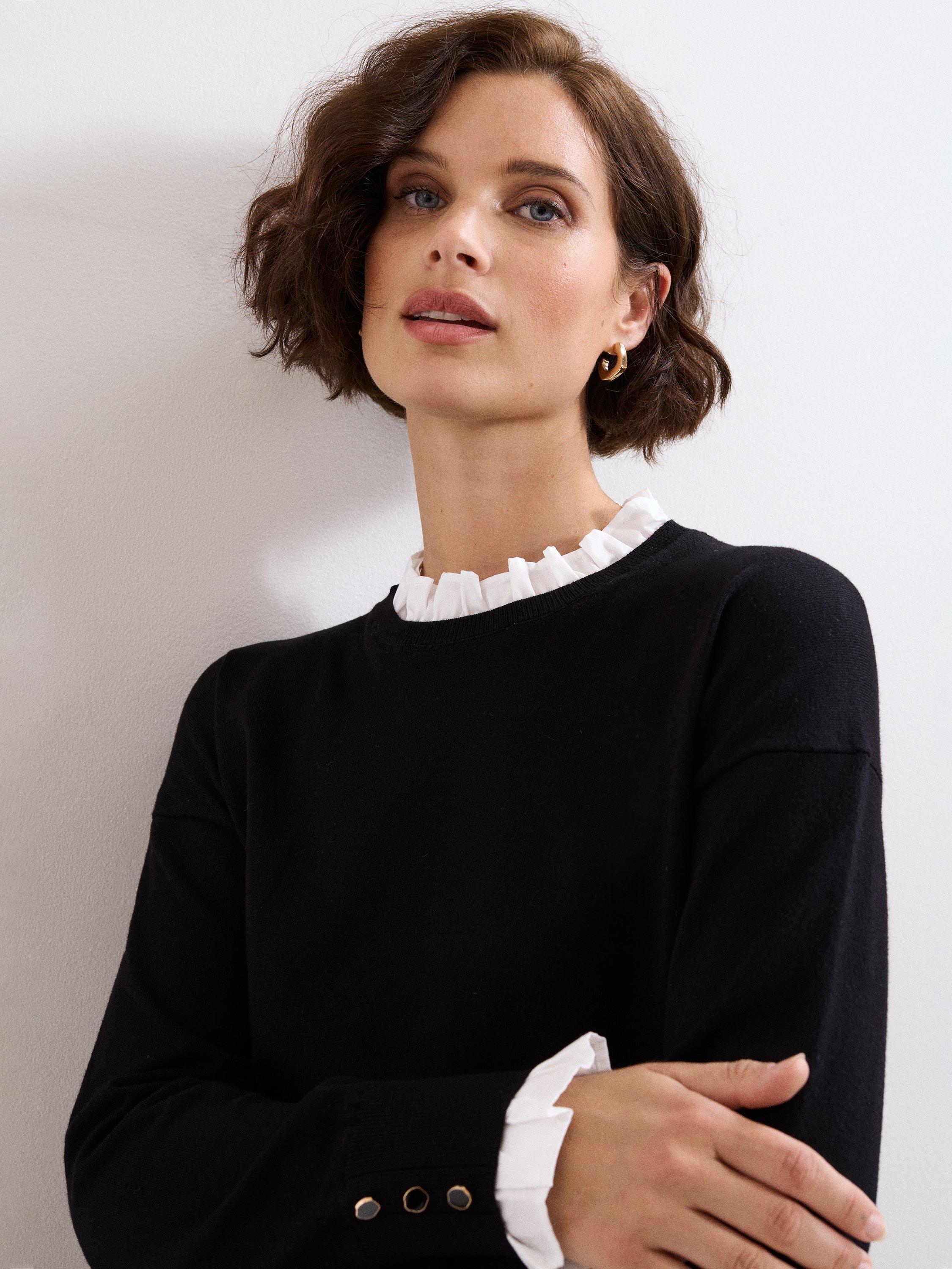 Product image 4 of 8, which shows Phase Eight Jenna Shirt Trim Top, Black/Ivory, XS