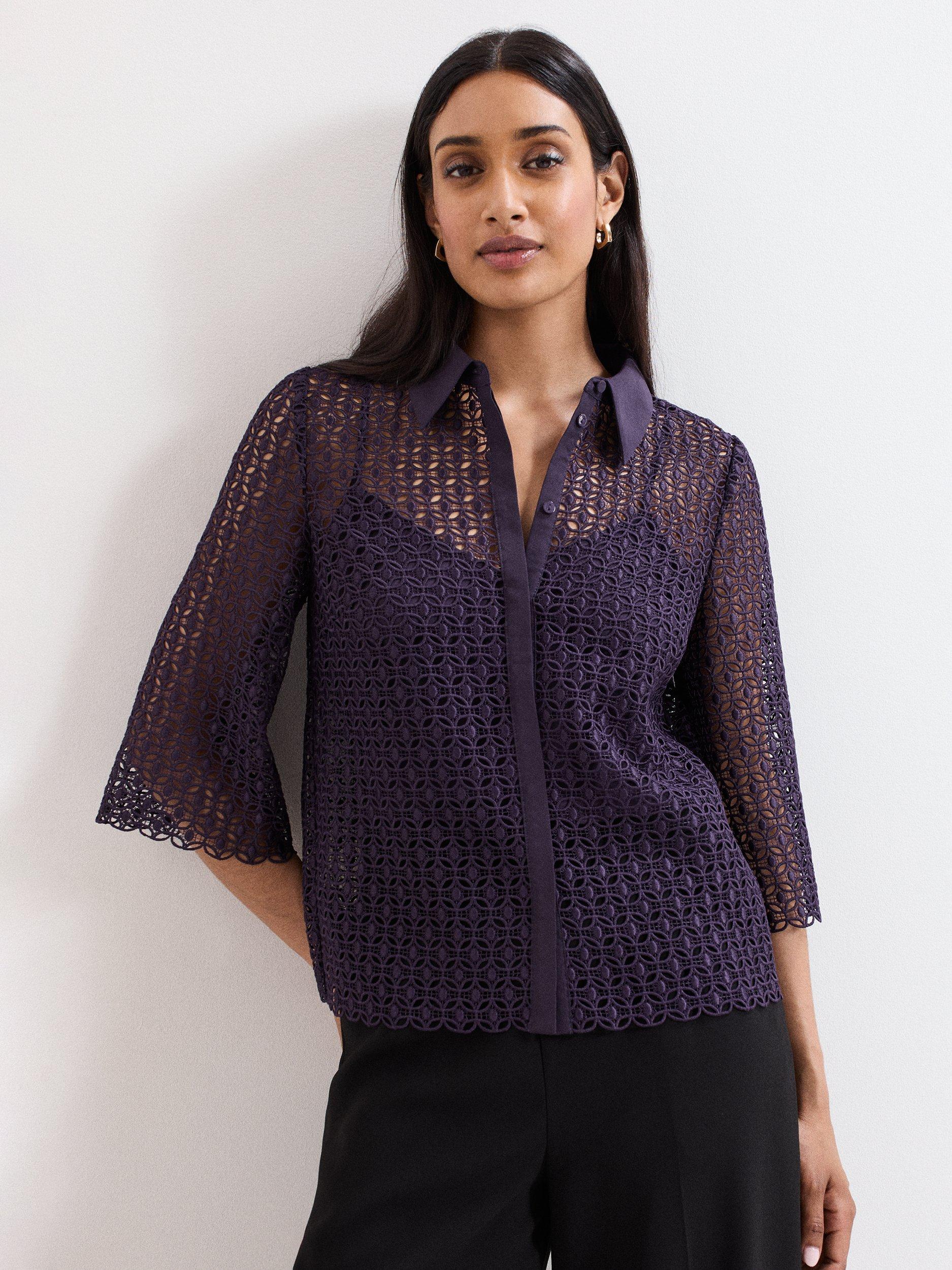 Product image 1 of 7, which shows Phase Eight Romilly Lace Shirt, Purple, 8