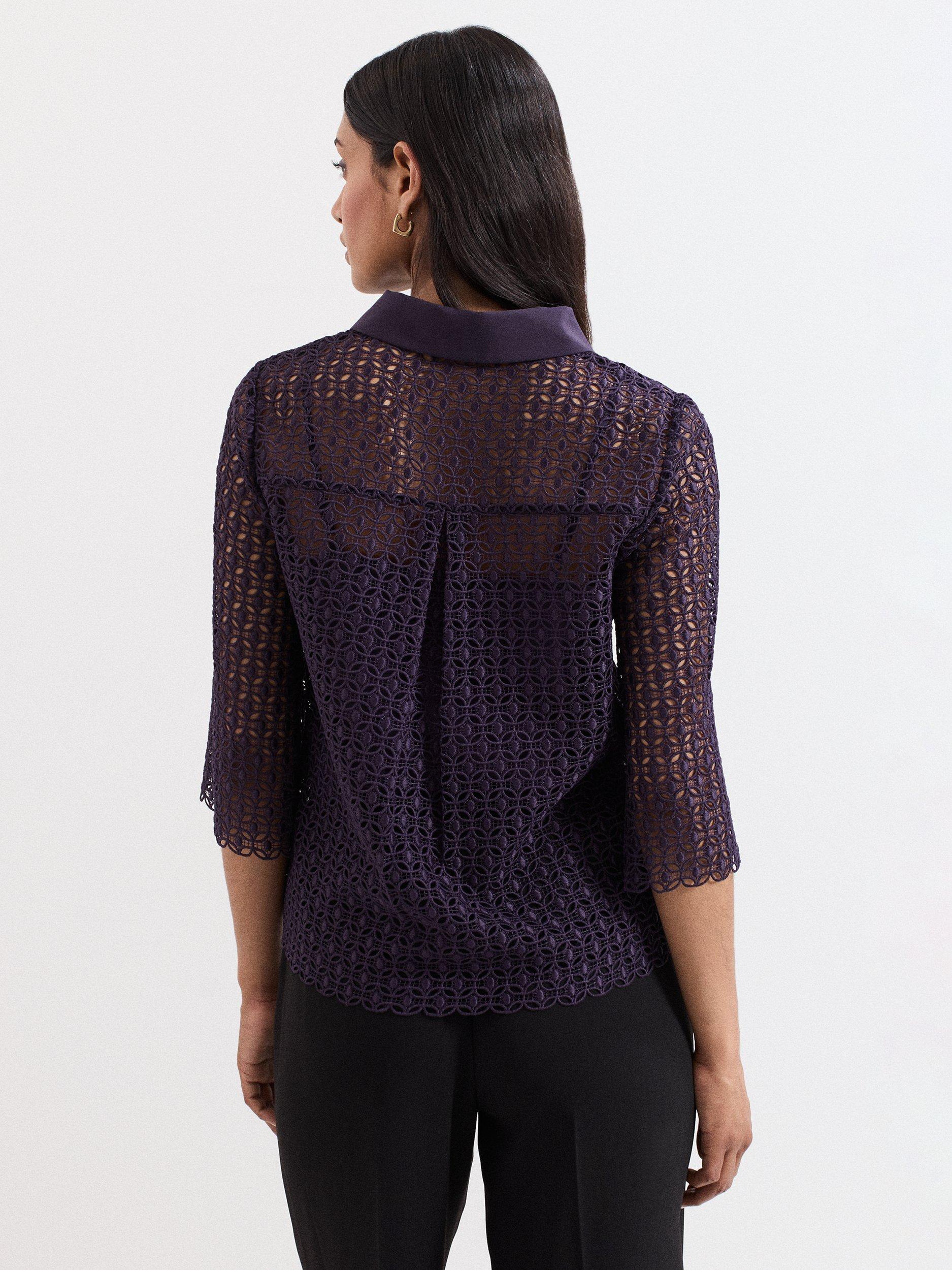 Product image 2 of 7, which shows Phase Eight Romilly Lace Shirt, Purple, 8