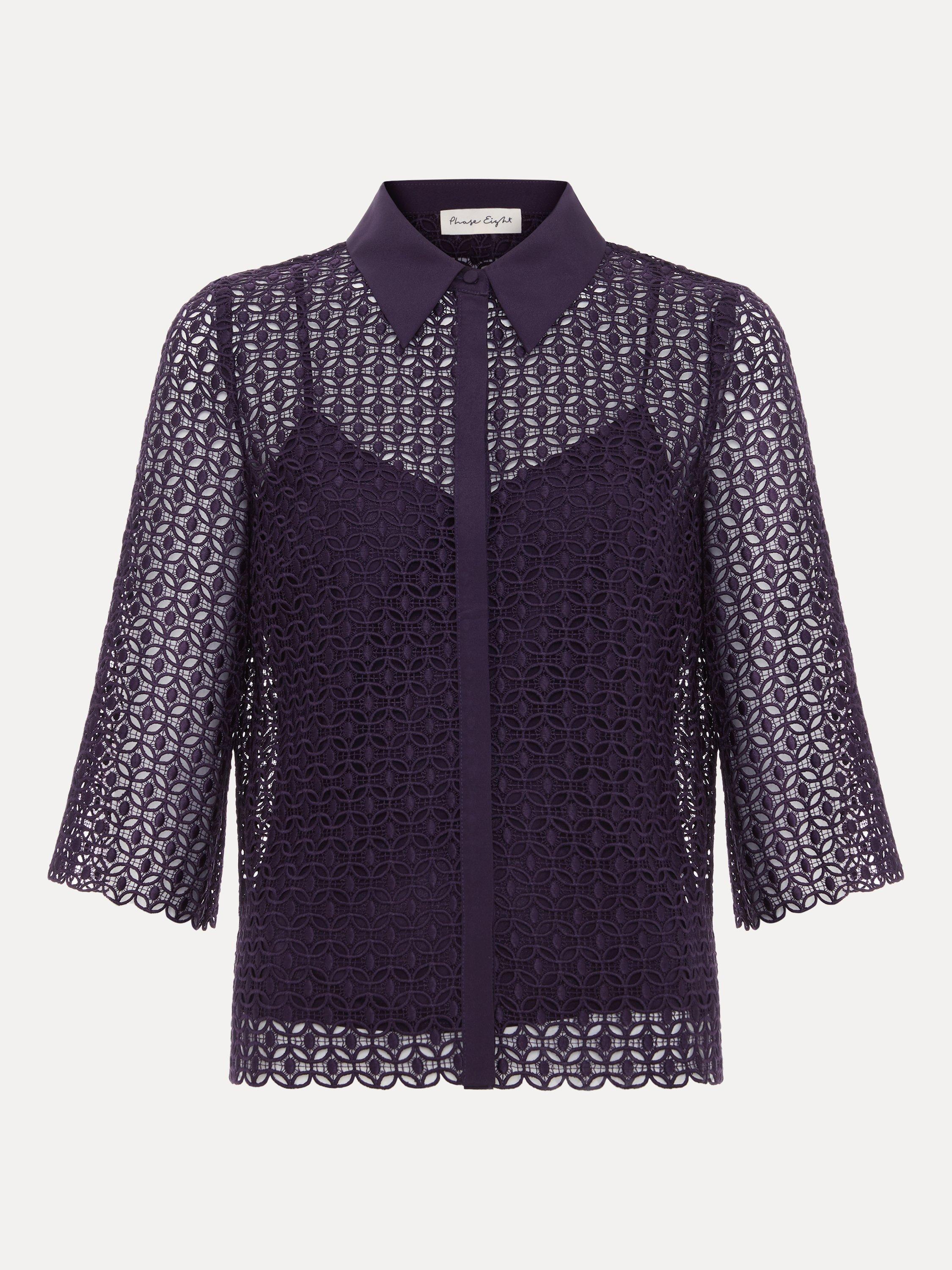 Product image 5 of 7, which shows Phase Eight Romilly Lace Shirt, Purple, 8