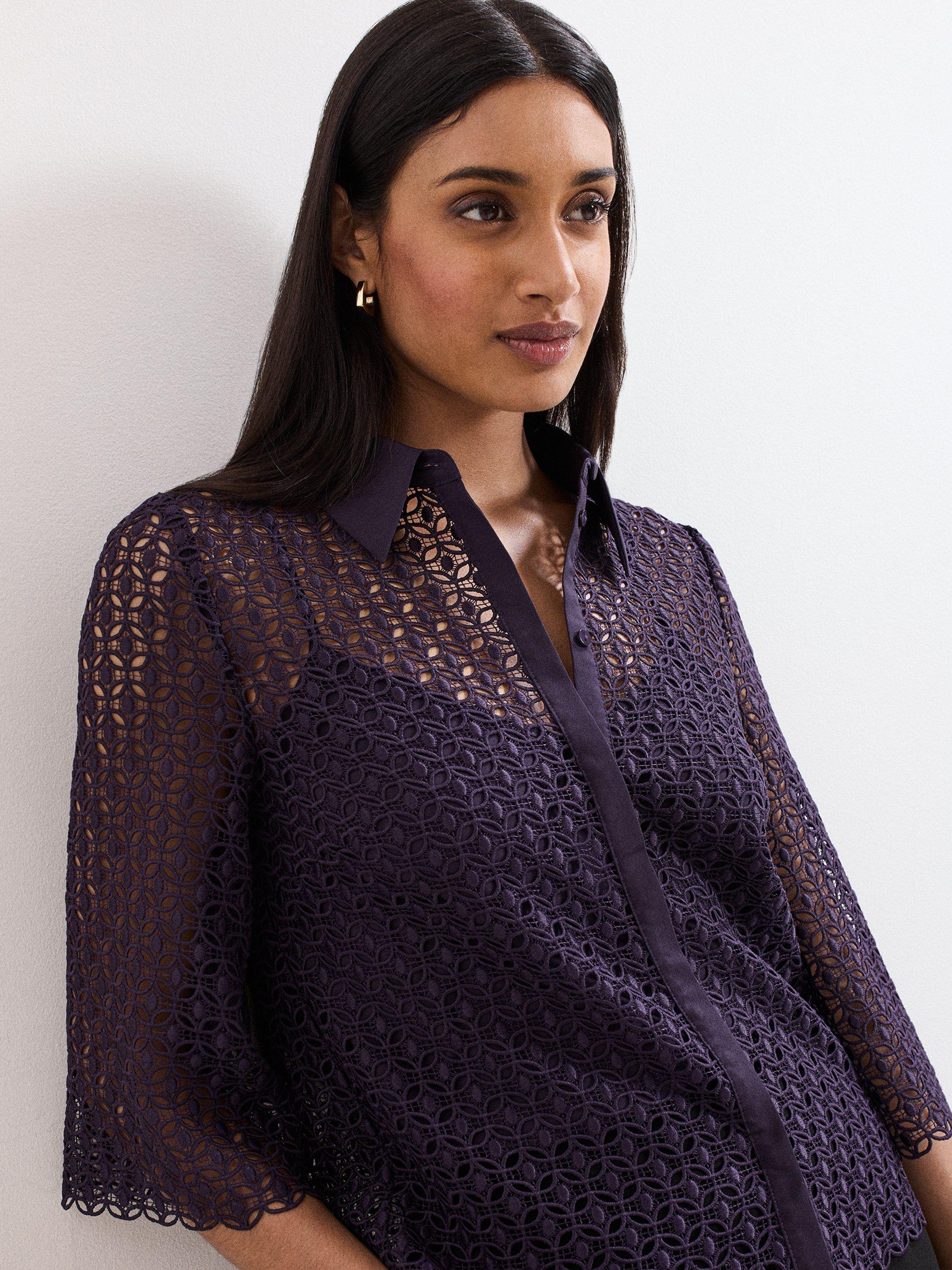 Product image 7 of 7, which shows Phase Eight Romilly Lace Shirt, Purple, 8