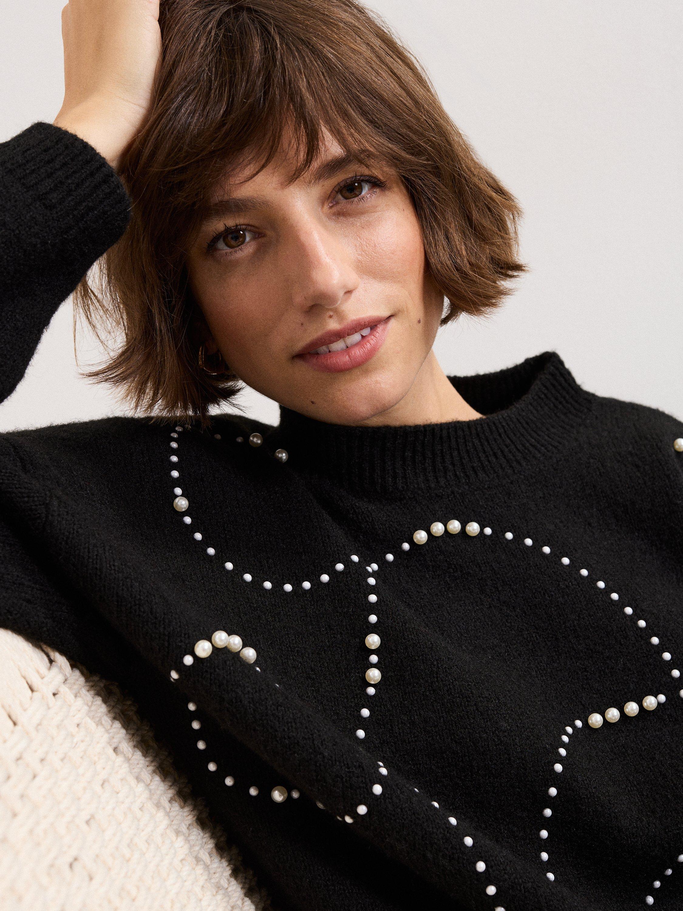 Product image 4 of 7, which shows Phase Eight Dasha Embellished Jumper, Black/Ivory, XS