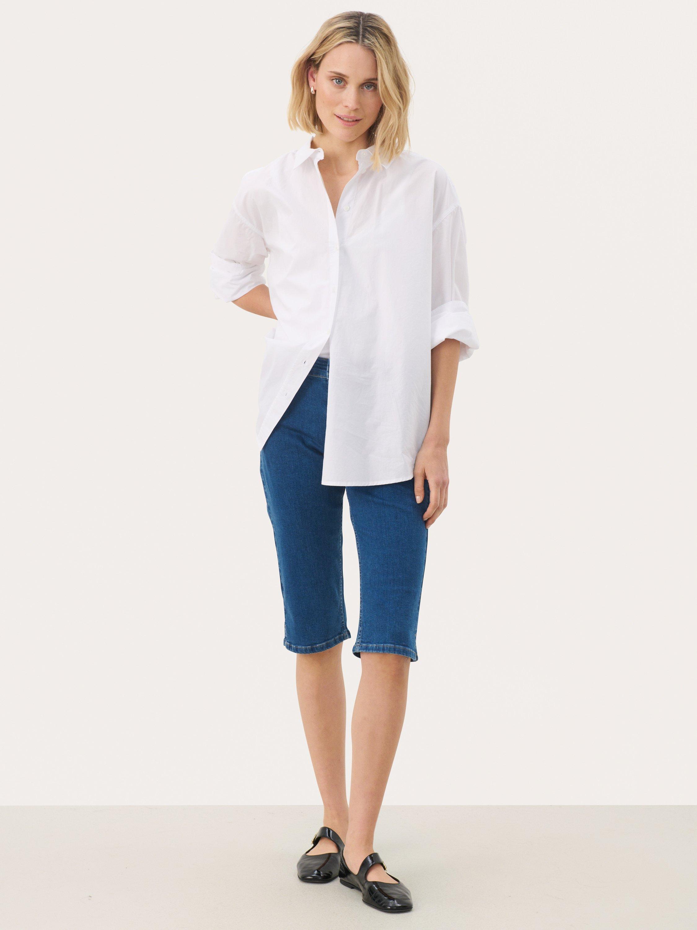 Product image 3 of 6, which shows Part Two Renates Longline Denim Shorts, Mid Blue, 27R