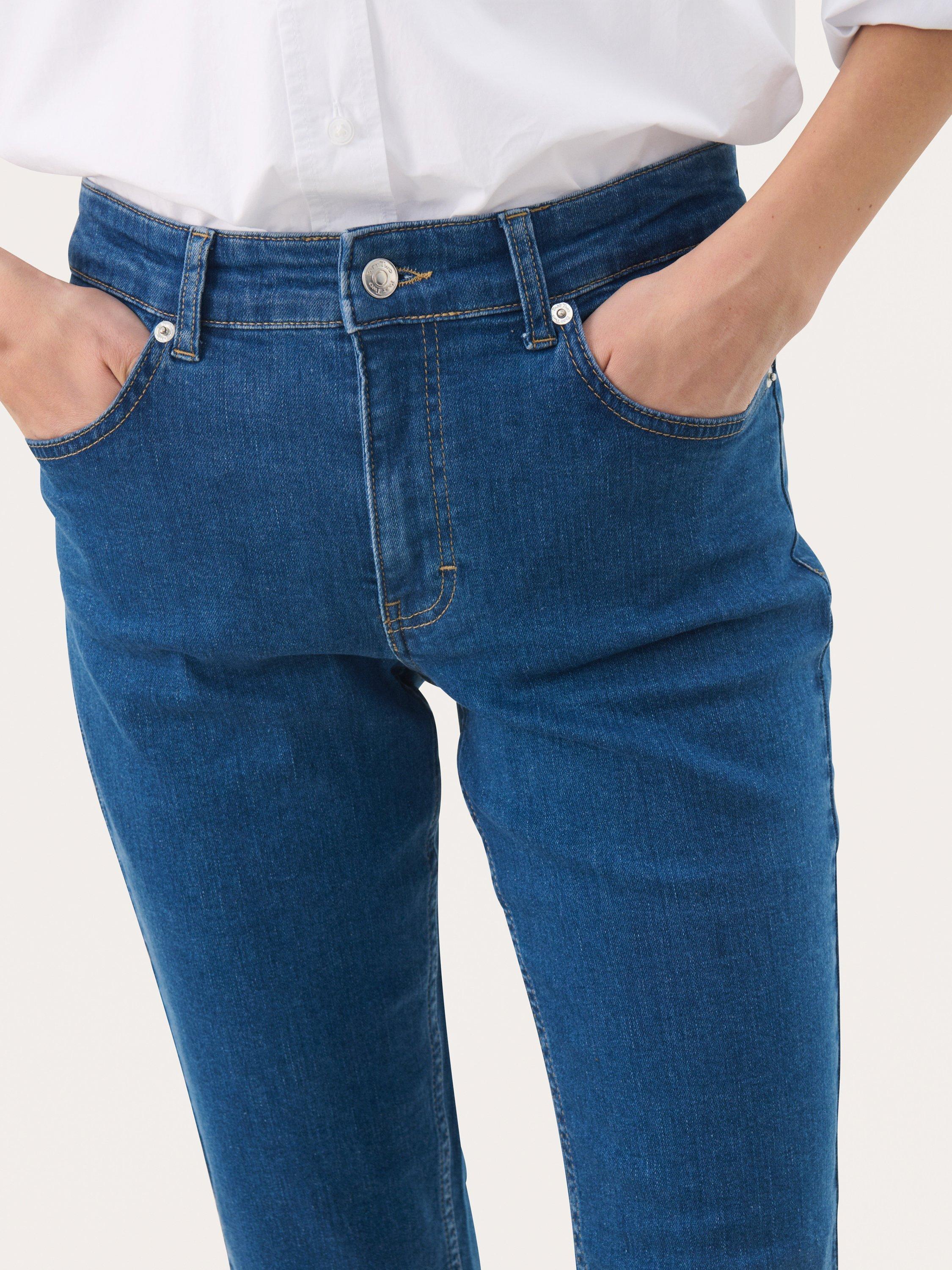 Product image 4 of 6, which shows Part Two Renates Longline Denim Shorts, Mid Blue, 27R