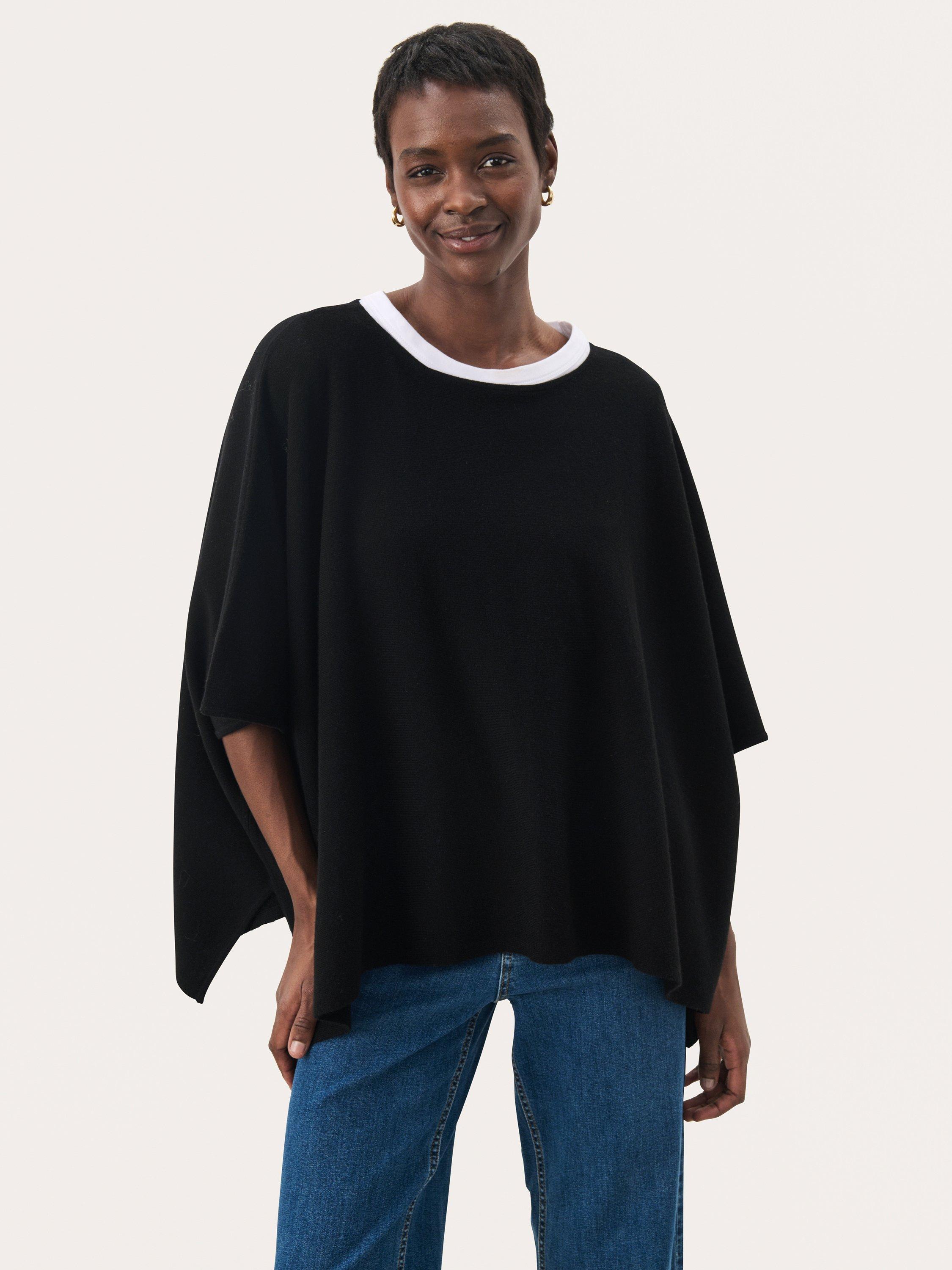 Product image 1 of 6, which shows Part Two Tilanna Wool Blend Poncho, Black, One Size