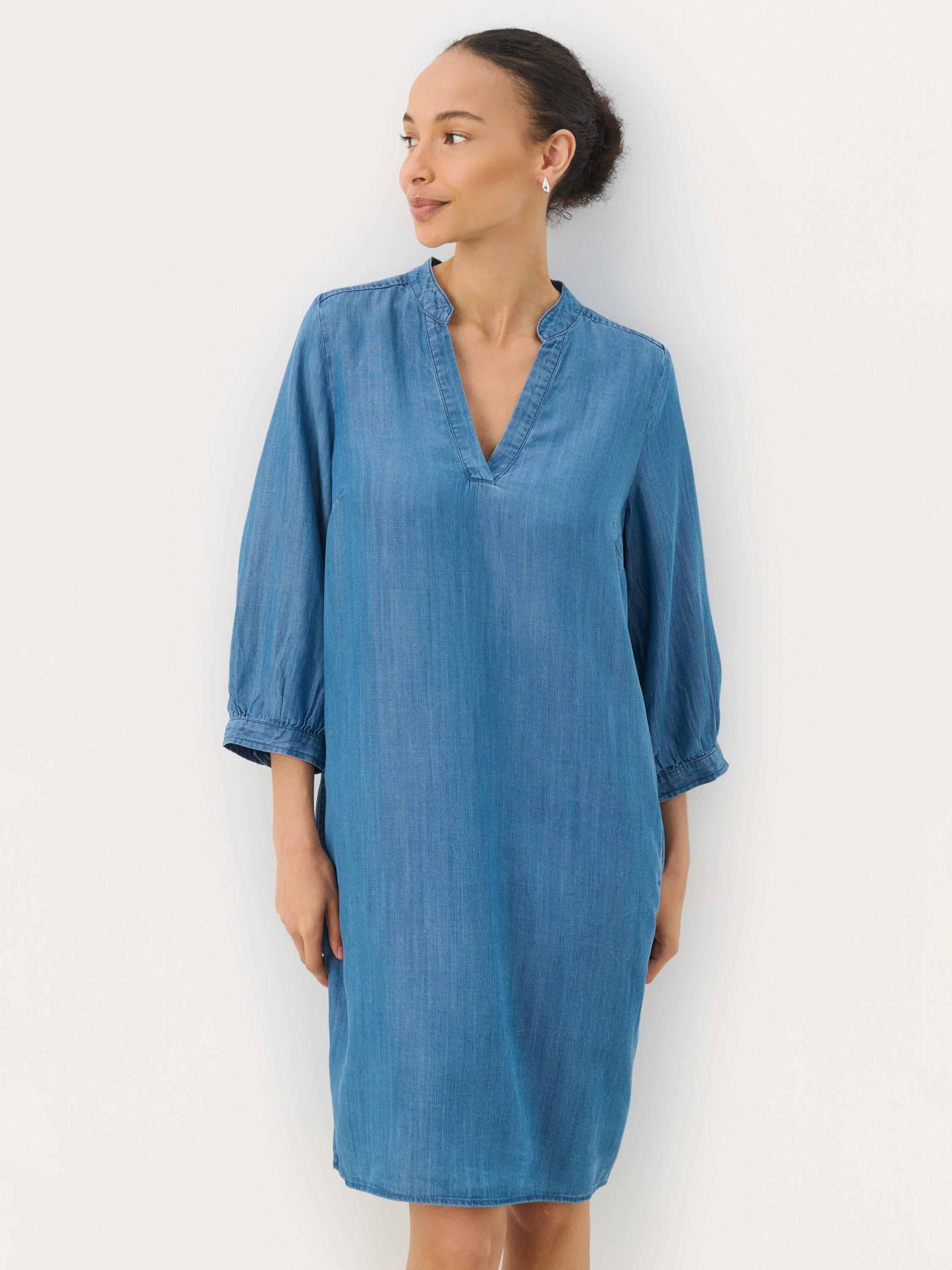Product image 1 of 6, which shows Part Two Maina V-Neck Denim Dress, Mid Blue, 8