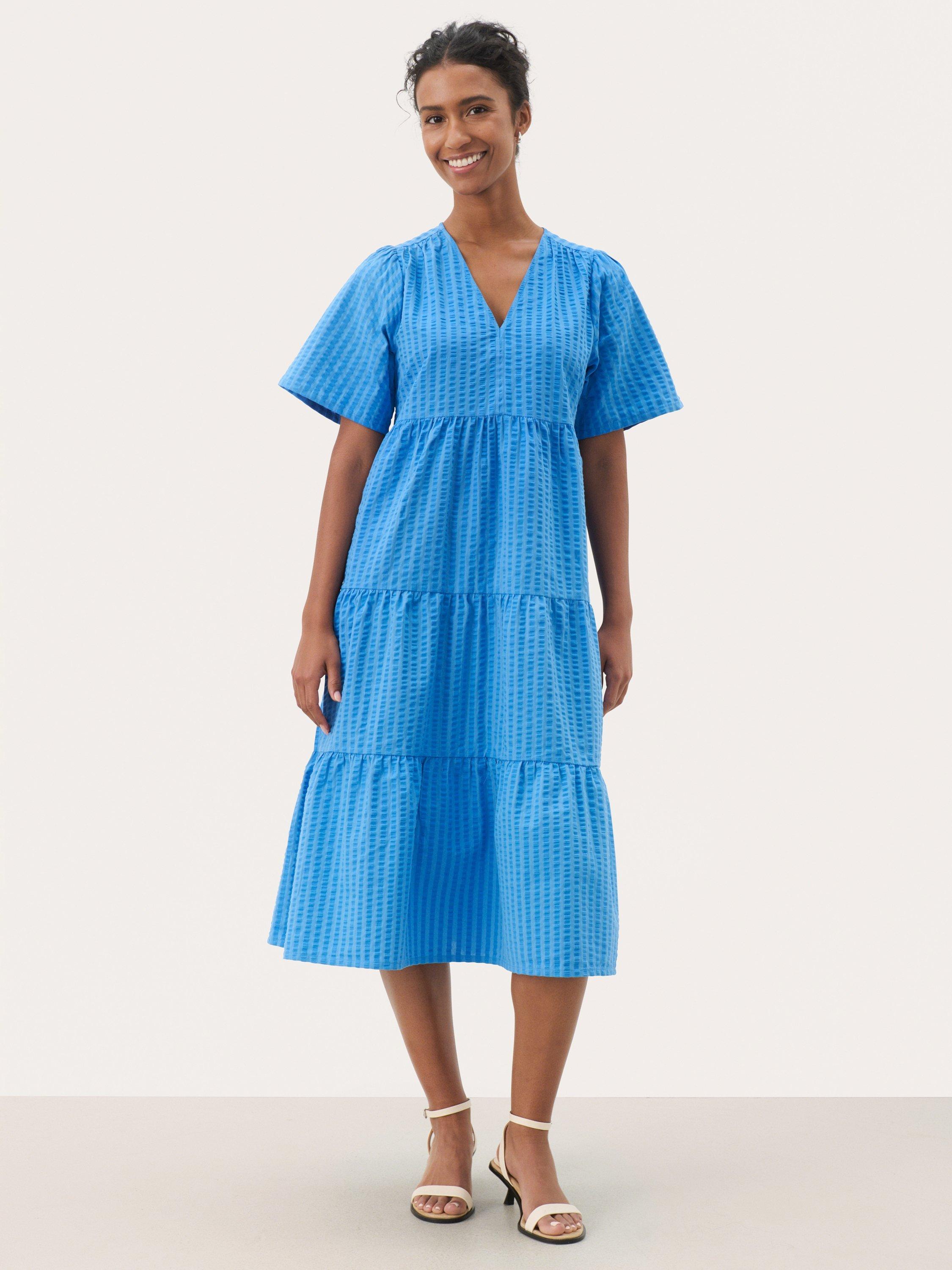 Product image 1 of 6, which shows Part Two Pam Tiered Midi Dress, Mid Blue, 8