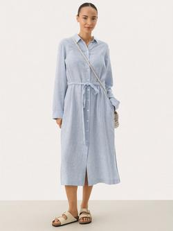 Part Two RonyaPW Long Sleeve Linen Blend Striped Midi Shirt Dress, Blue/Multi