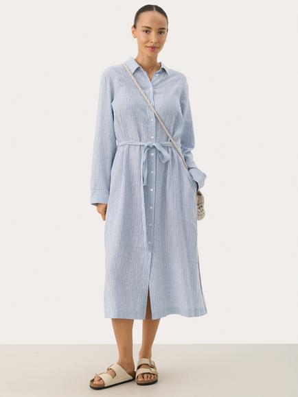 Part Two RonyaPW Long Sleeve Linen Blend Striped Midi Shirt Dress, Blue/Multi