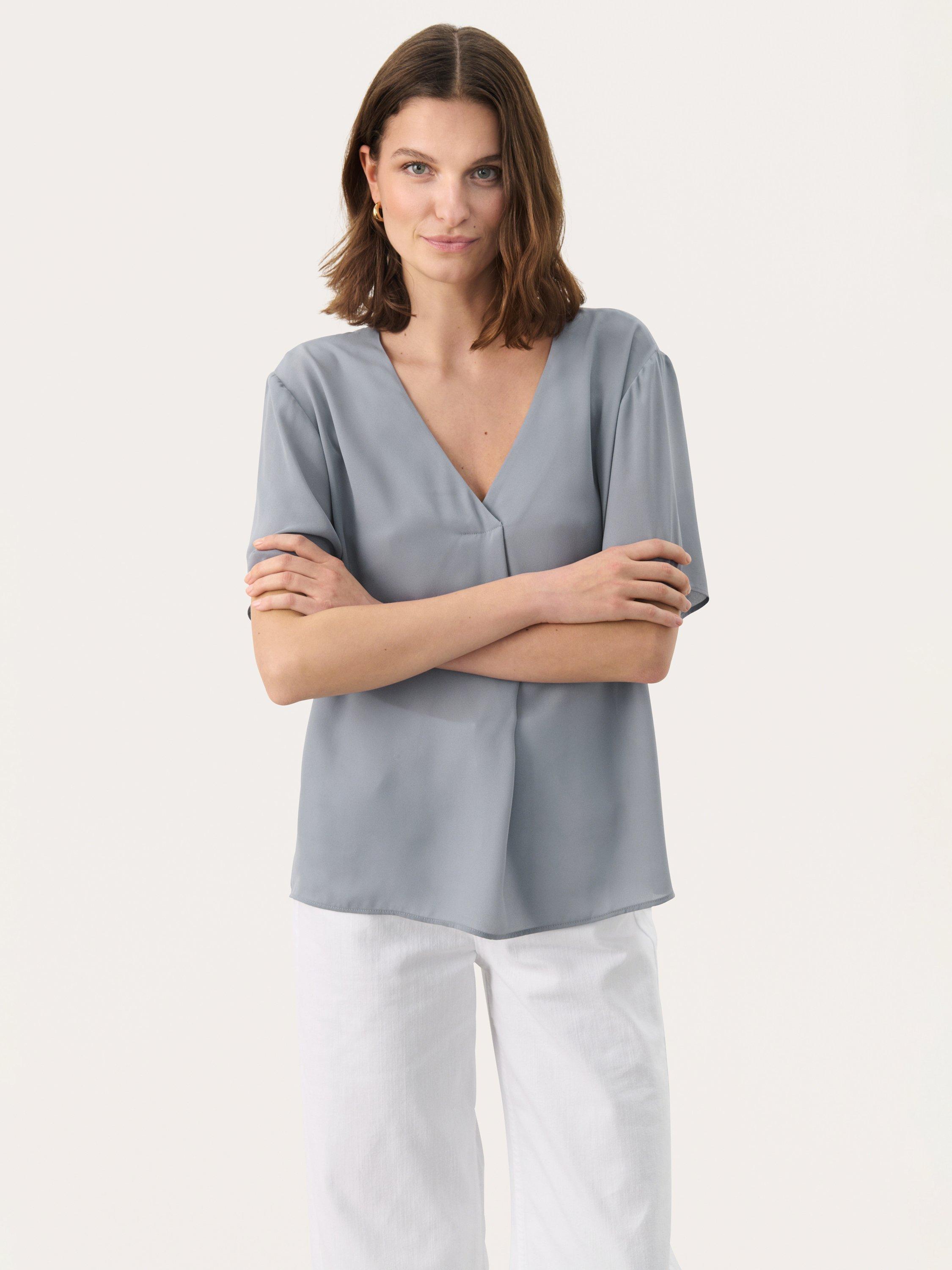 Product image 1 of 6, which shows Part Two SanayaPW V-Neck Short Sleeve Blouse, Mid Blue, 8