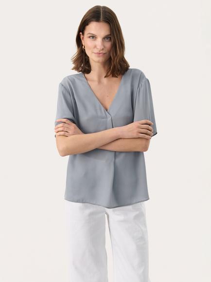 Part Two SanayaPW V-Neck Short Sleeve Blouse, Mid Blue