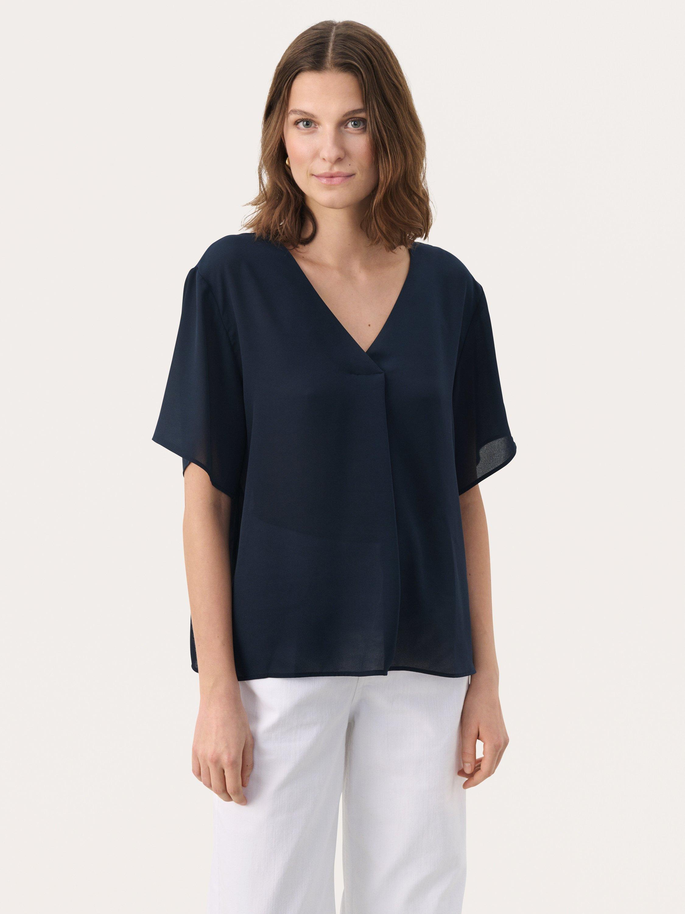 Product image 1 of 11, which shows Part Two SanayaPW V-Neck Short Sleeve Blouse, Mid Blue, 8