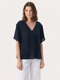 Part Two SanayaPW V-Neck Short Sleeve Blouse, Mid Blue