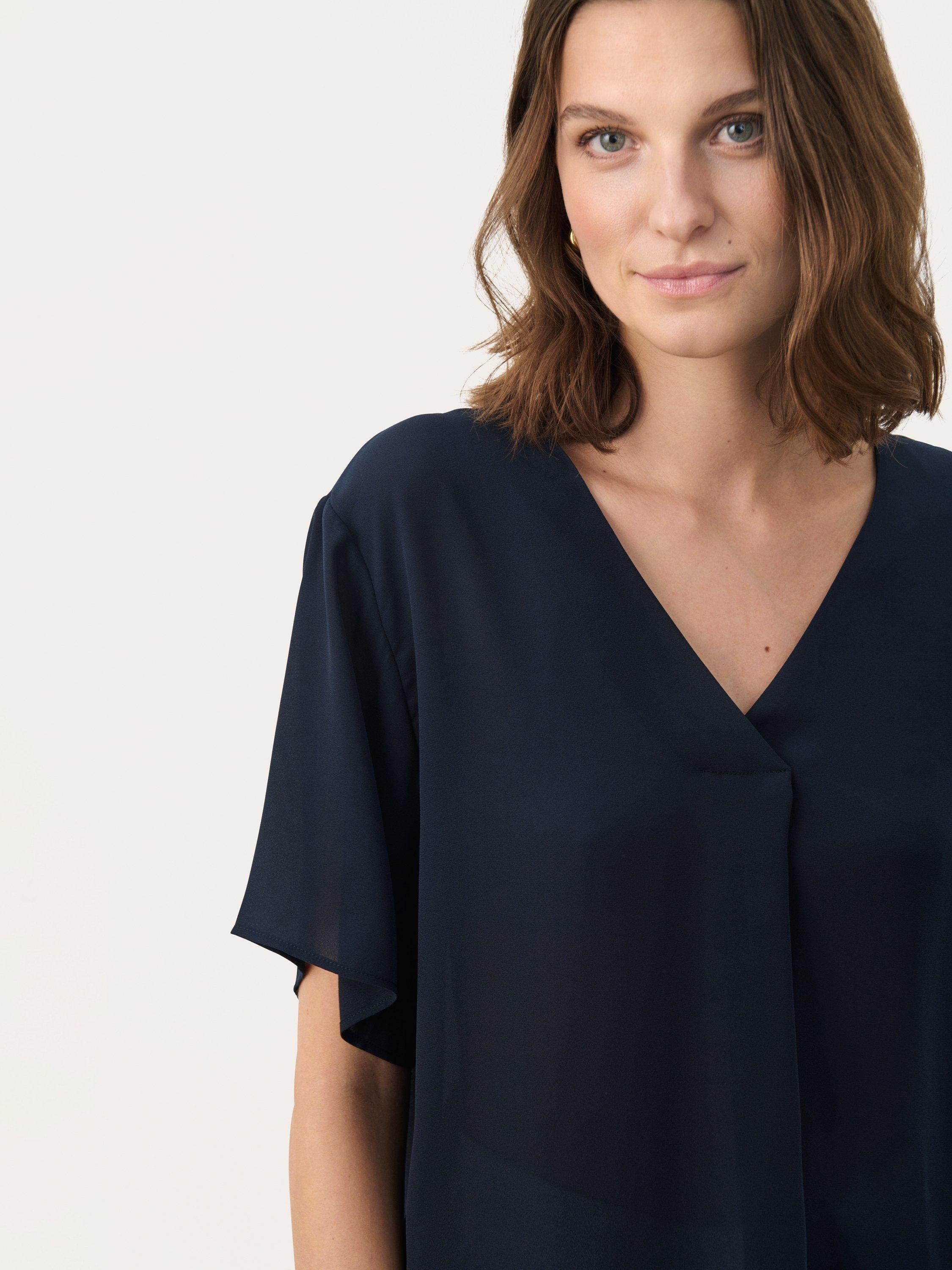 Product image 4 of 11, which shows Part Two SanayaPW V-Neck Short Sleeve Blouse, Mid Blue, 8