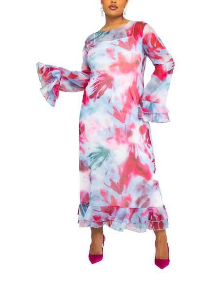 FASHION SZN Curve Blurred Floral Mesh Dress, Blue/Multi, Blue/Multi
