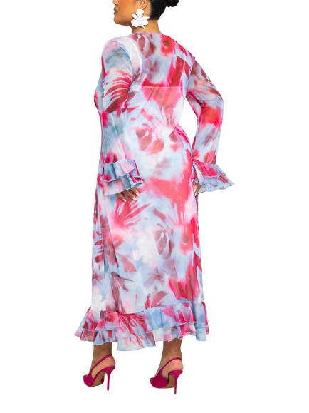 FASHION SZN Curve Blurred Floral Mesh Dress, Blue/Multi - view 2, Blue/Multi