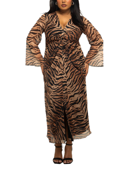 FASHION SZN Curve Tiger Print Twist Mesh Midi Dress, Brown/Multi, Brown/Multi