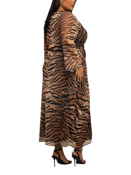 FASHION SZN Curve Tiger Print Twist Mesh Midi Dress, Brown/Multi - view 2, Brown/Multi