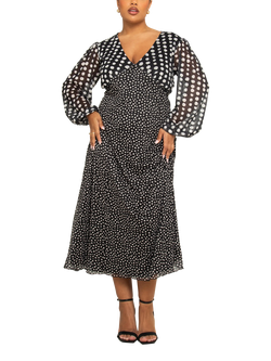 FASHION SZN Curve Polka Dot Mesh Midi Dress, Black, Black