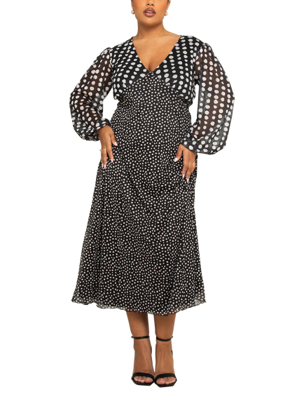 FASHION SZN Curve Polka Dot Mesh Midi Dress, Black, Black