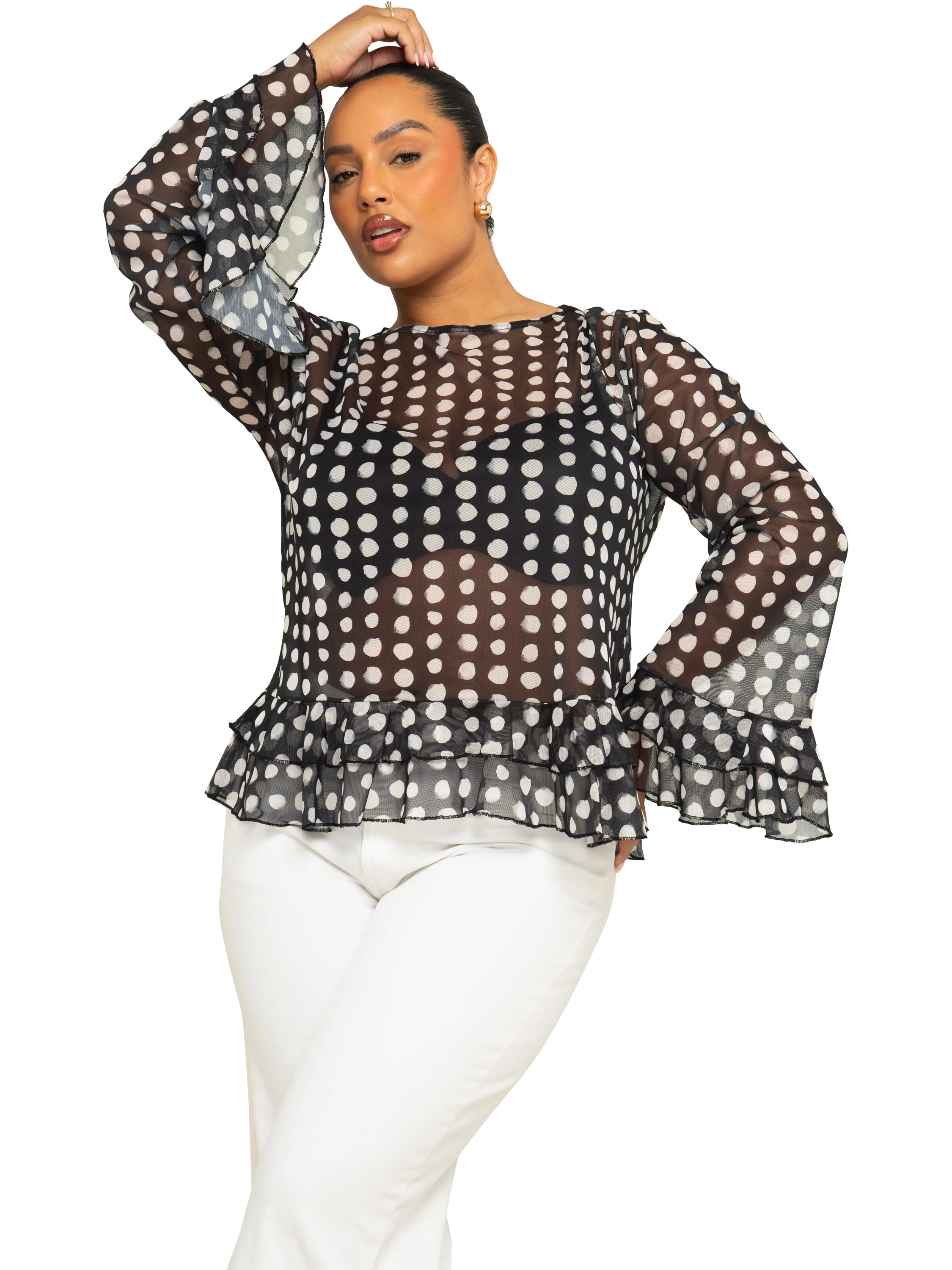 Product image 1 of 3, which shows FASHION SZN Curve Polka Dot Mesh Top, Black/Multi, 14