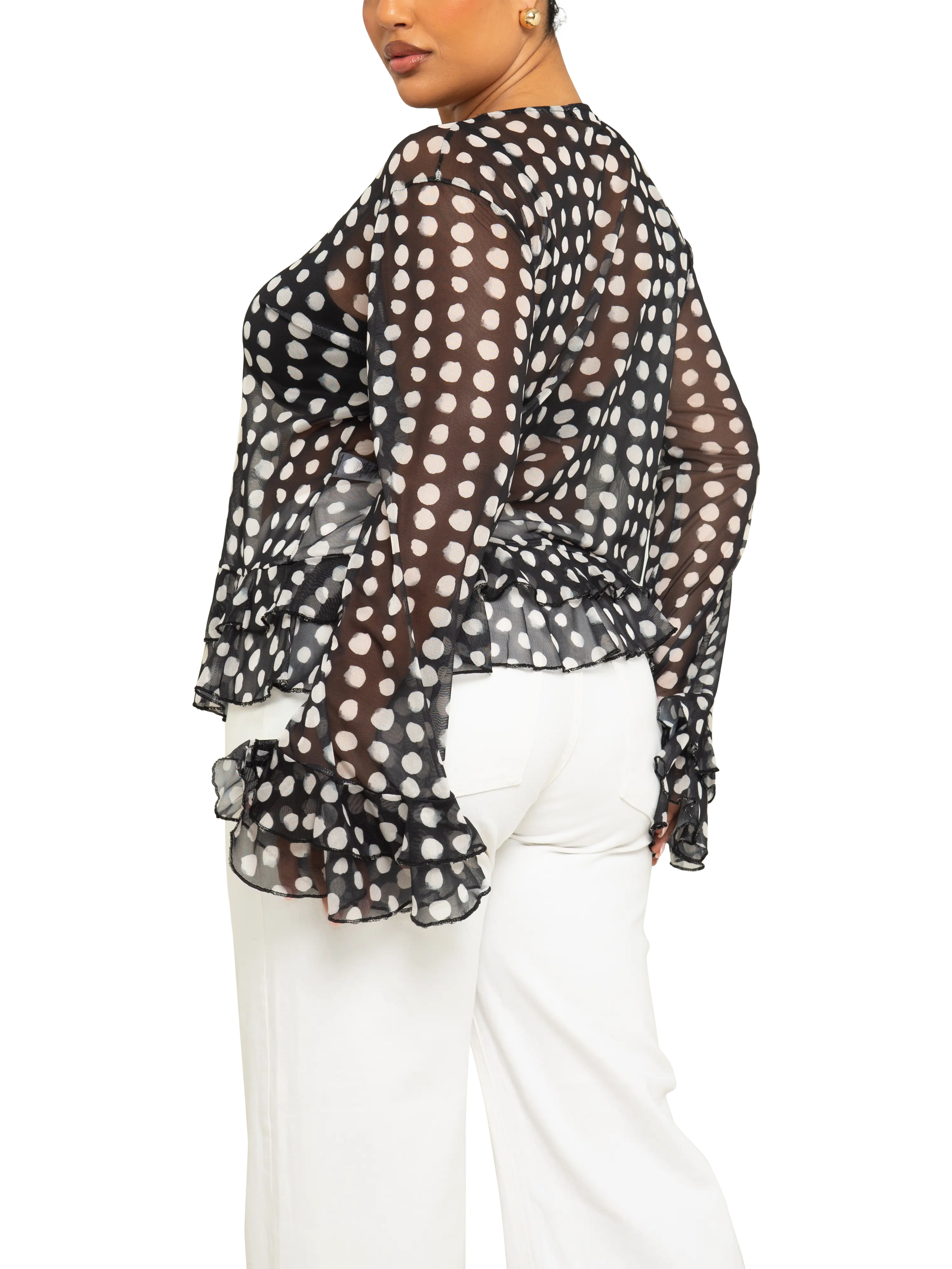 Product image 2 of 3, which shows FASHION SZN Curve Polka Dot Mesh Top, Black/Multi, 14