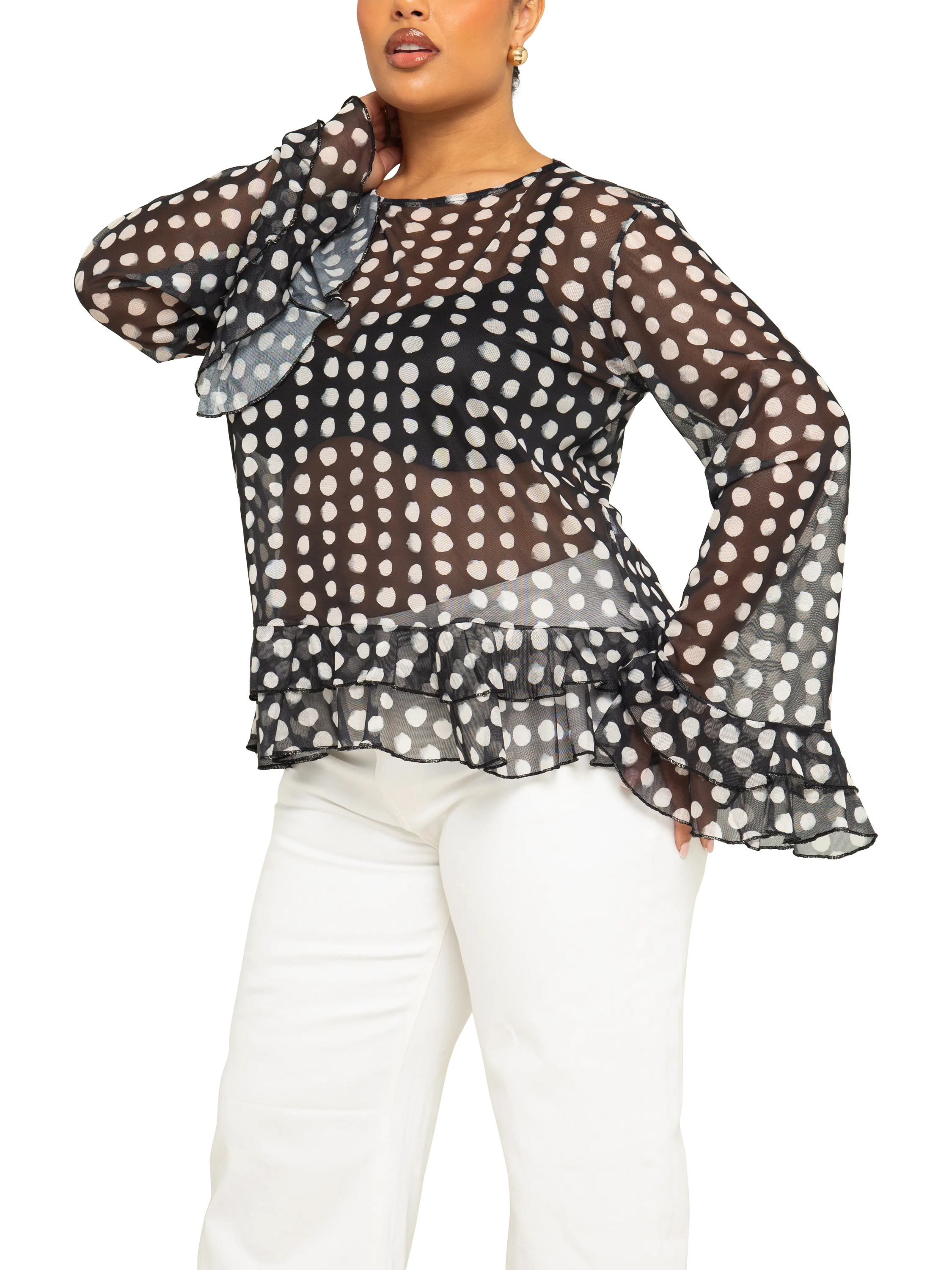 Product image 3 of 3, which shows FASHION SZN Curve Polka Dot Mesh Top, Black/Multi, 14