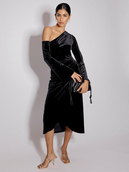 Nobody's Child Virgo Asymmetric Velvet Midi Dress, Black - view 2, Black