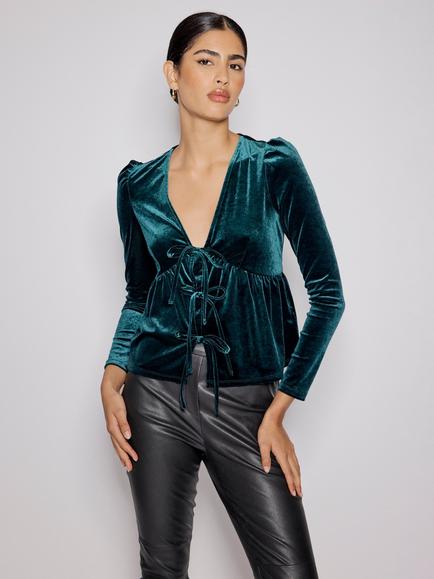 Nobody's Child Tie Front Velvet Top, Green, Green