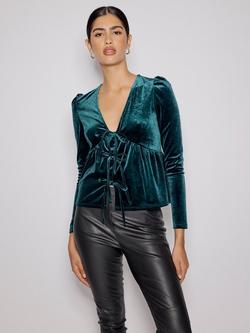 Nobody's Child Tie Front Velvet Top, Green - view 2, Green