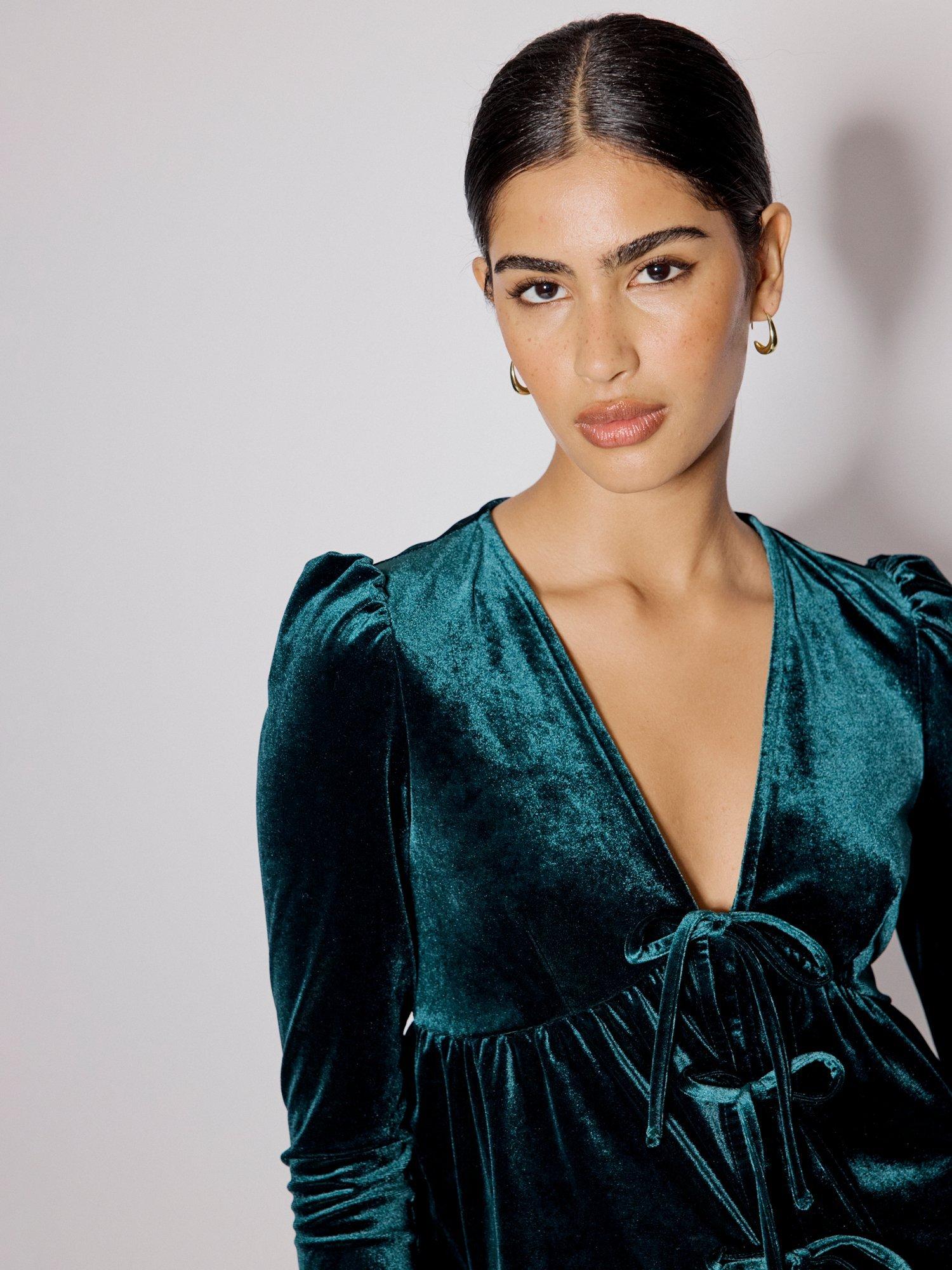 Product image 3 of 5, which shows Nobody's Child Tie Front Velvet Top, Green, 6