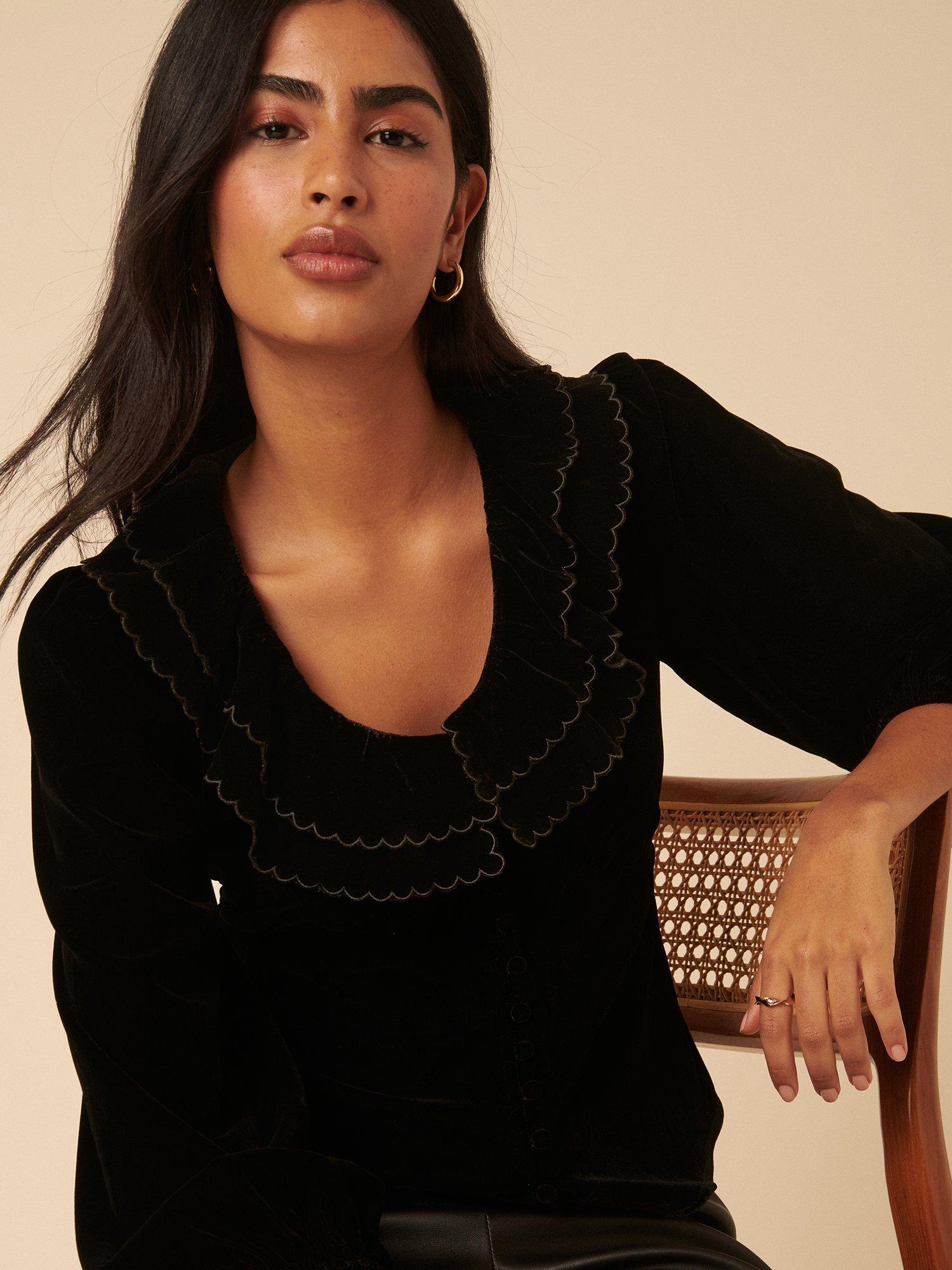 Product image 2 of 5, which shows Nobody's Child Ruffle Collar Velvet Blouse, Black, 8