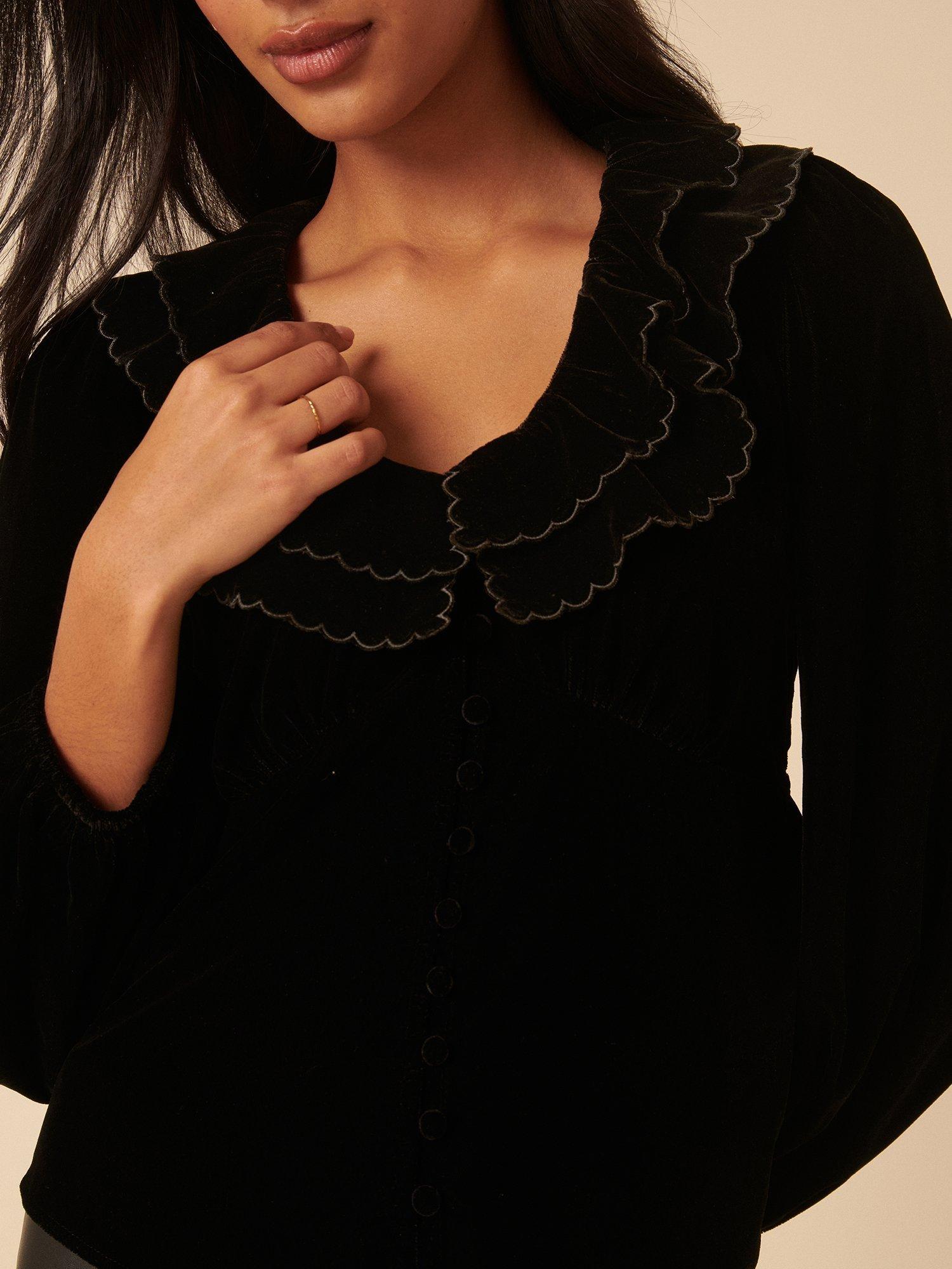Product image 3 of 5, which shows Nobody's Child Ruffle Collar Velvet Blouse, Black, 8